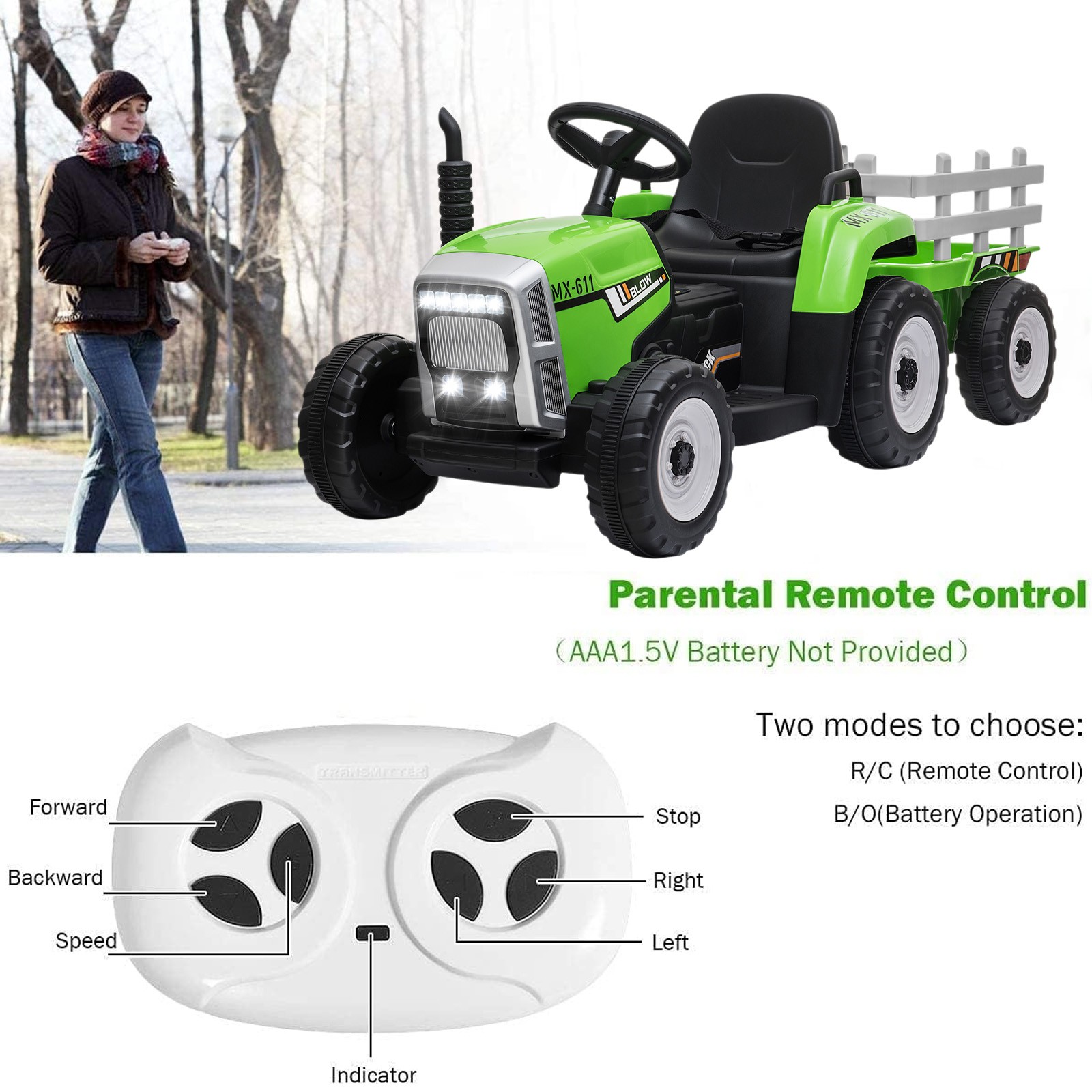 Extra-Large 12 volt Ride-On Tractor with Trailer & FM Radio for Kids Ages 3-7