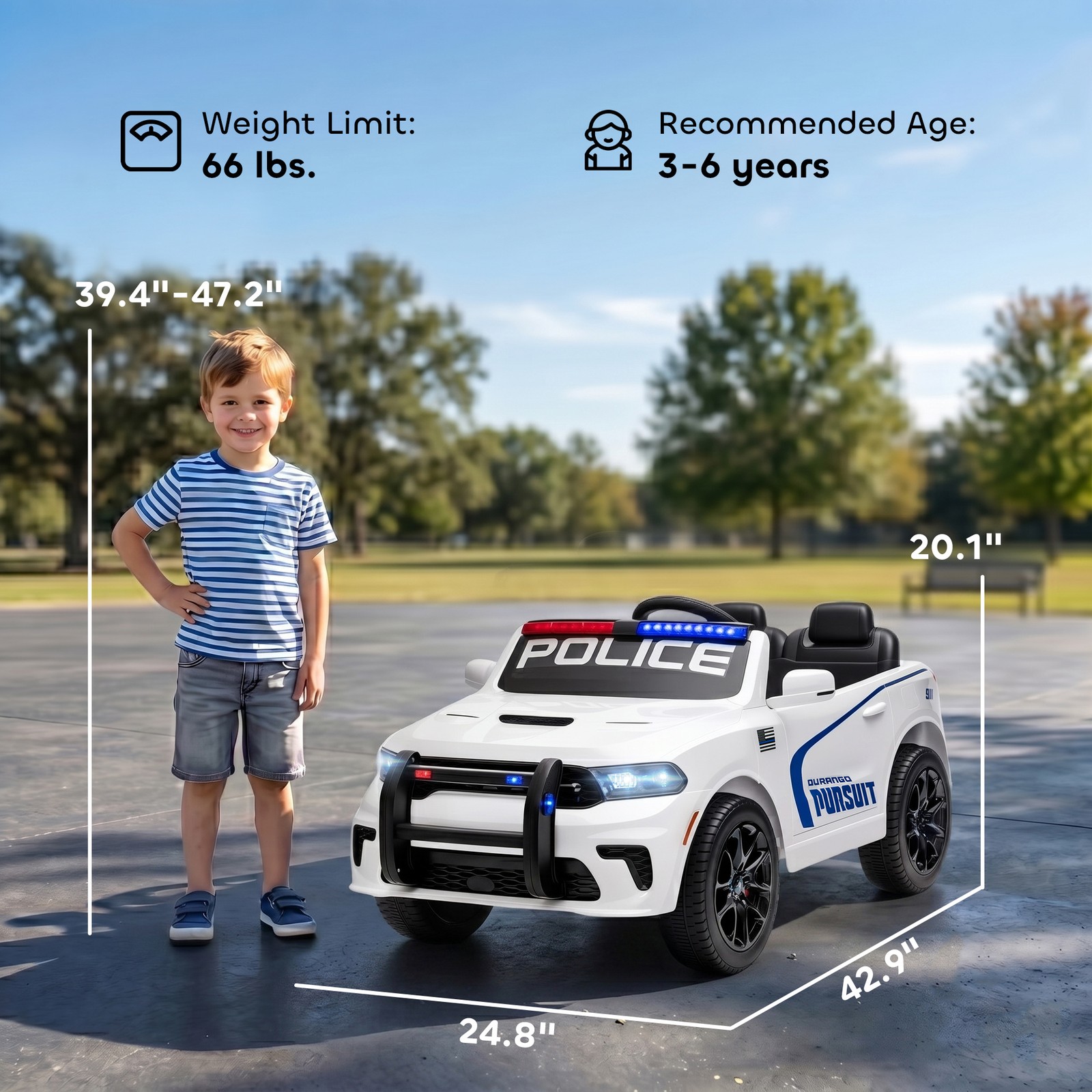 Qaba 12V Licensed Dodge Ride On Police Car with 2 Seater for Age 3-6, White