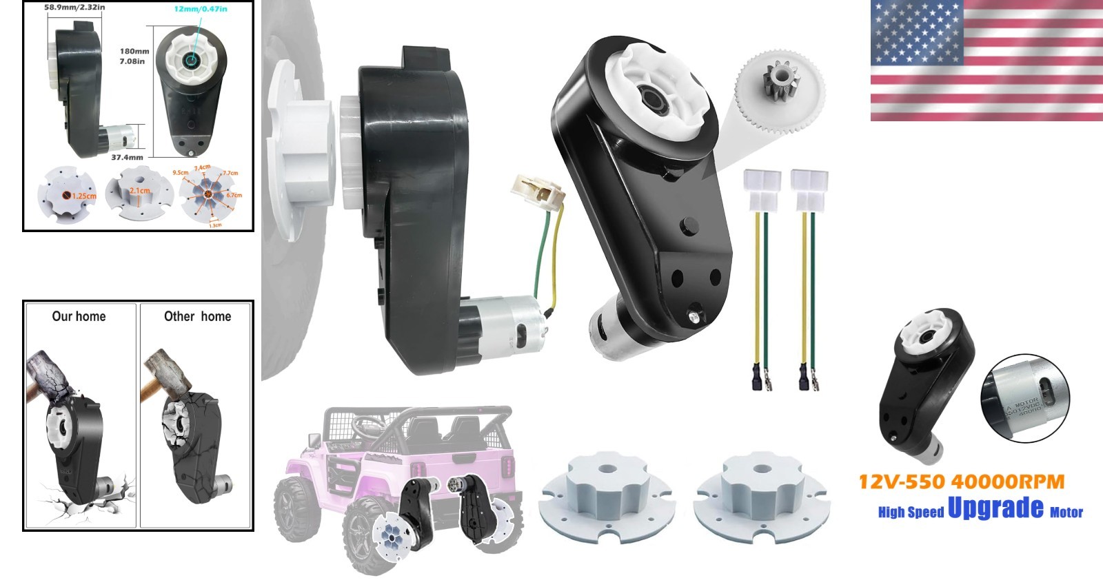 2PCS 12V High-Speed Motor Gearbox for Kids Ride On Car