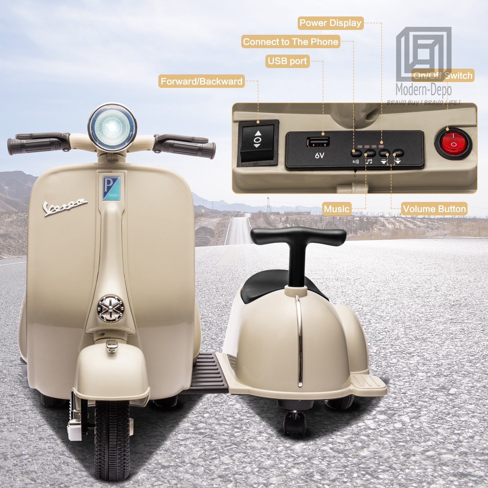 Licensed Vespa Kids Ride On Car Motorcycle w/ Side Car&Light, 2 Seater Toy Car