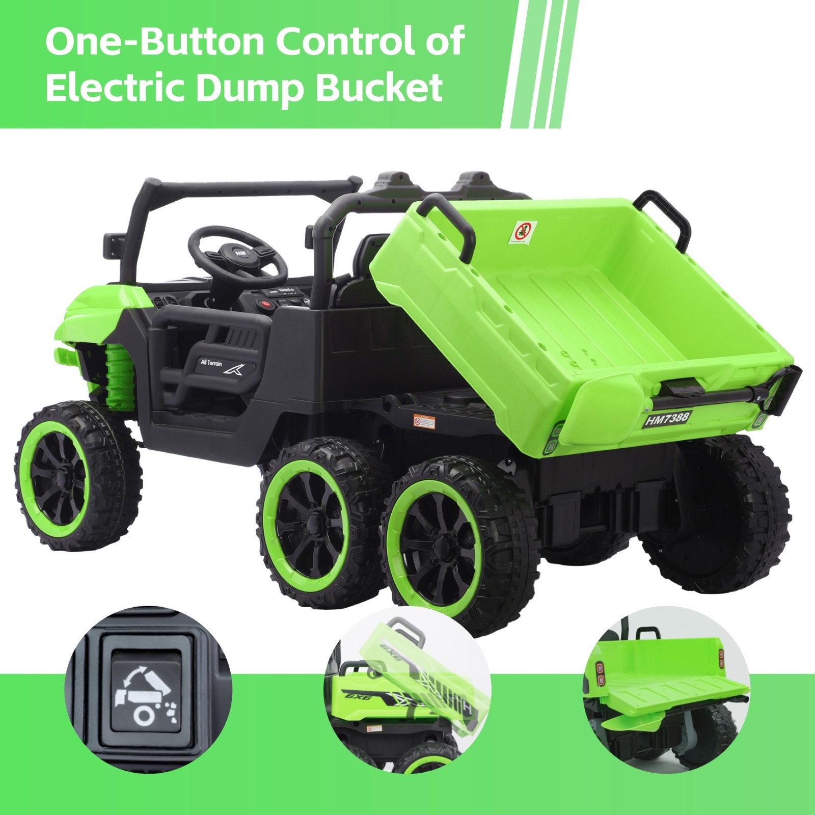Green 24V Ride on Electric Dump-bed Truck Off-road 7mph 2 Seater Car with Remote