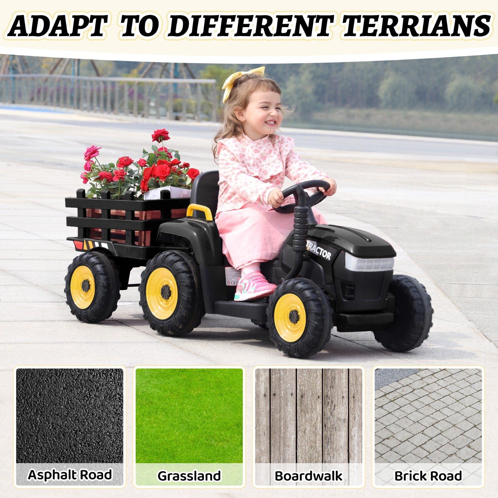 TOBBI Battery Powered Toy Car 12V Kids Ride On Car Electric Tractor w/ Trailer