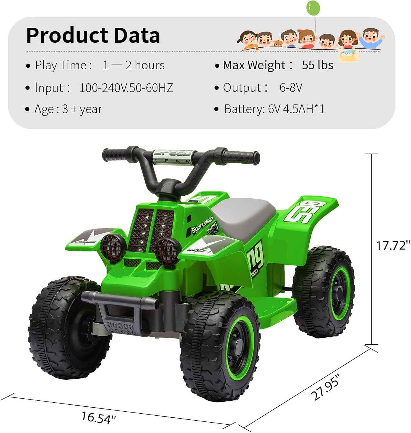 6V Kids ATV 4 Wheeler Quad Car Off-road Ride on Toy 1.5 mph Max-speed w/ LED MP3