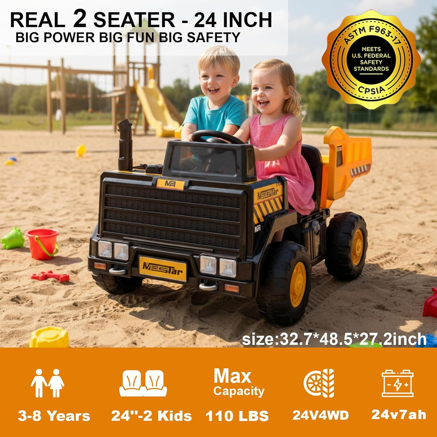 24V Ride on Dump Truck, 2 Seater Ride on Cars with Remote Control, 4WD Motors, u