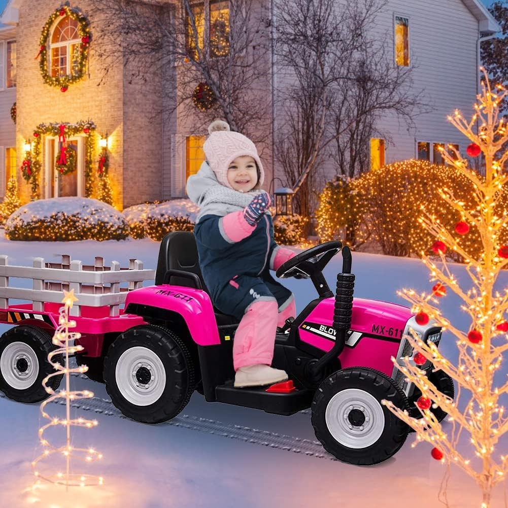 12V Kids Battery Powered Electric Tractor with Trailer, Toddler Ride on Car with