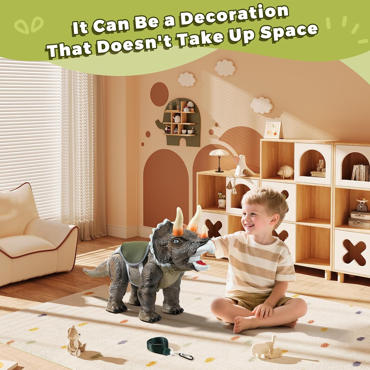 Dinosaur Ride on Toy Cars for Kids, Realistic Triceratops Push Car with Three So