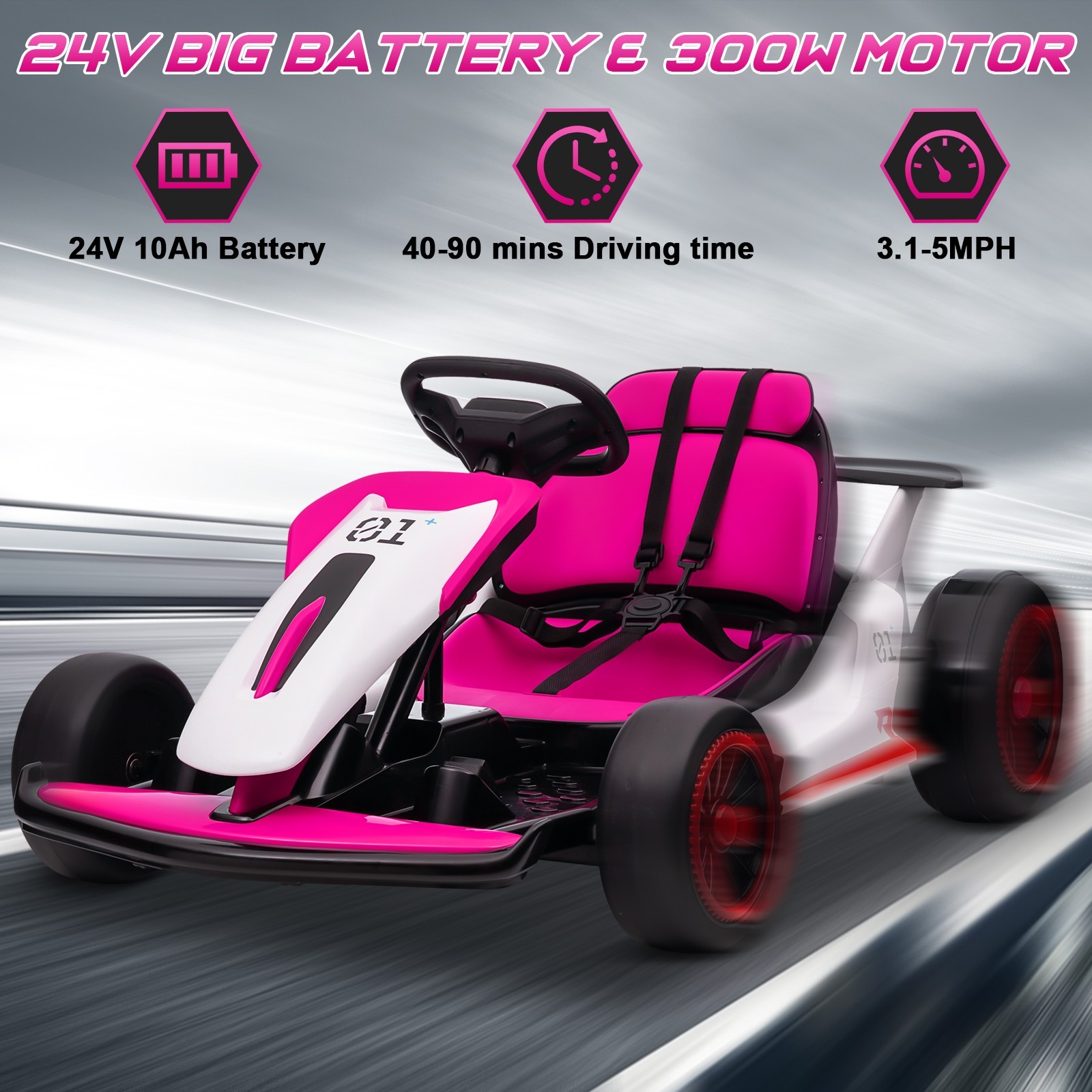 24V Kids Go Kart 400W Motor 3-5MPH Gravity Steering Bluetooth Spray Outdoor Toy