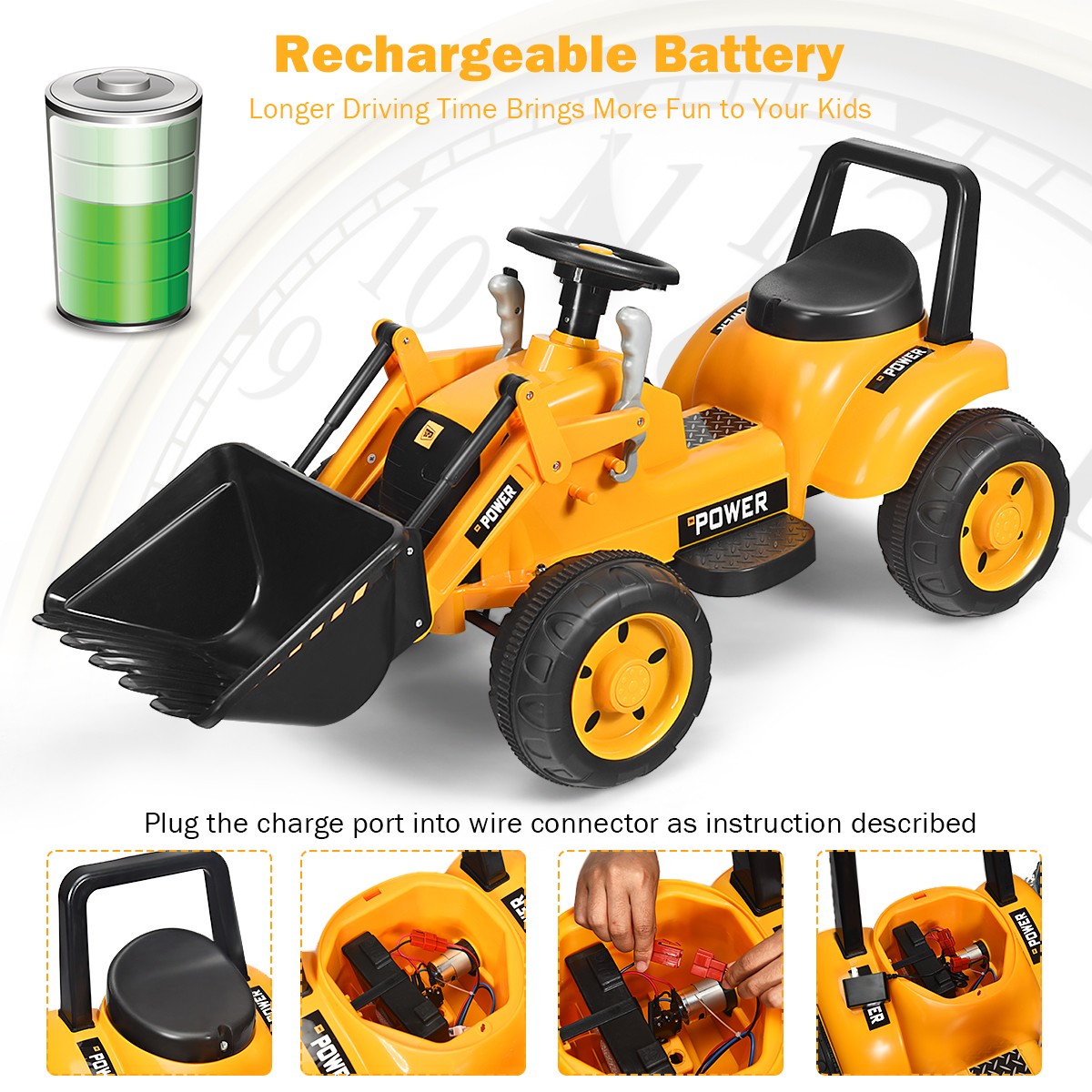Kids Ride On Excavator Tractor w/Digging Bucket 6V Battery Powered Digger Yellow
