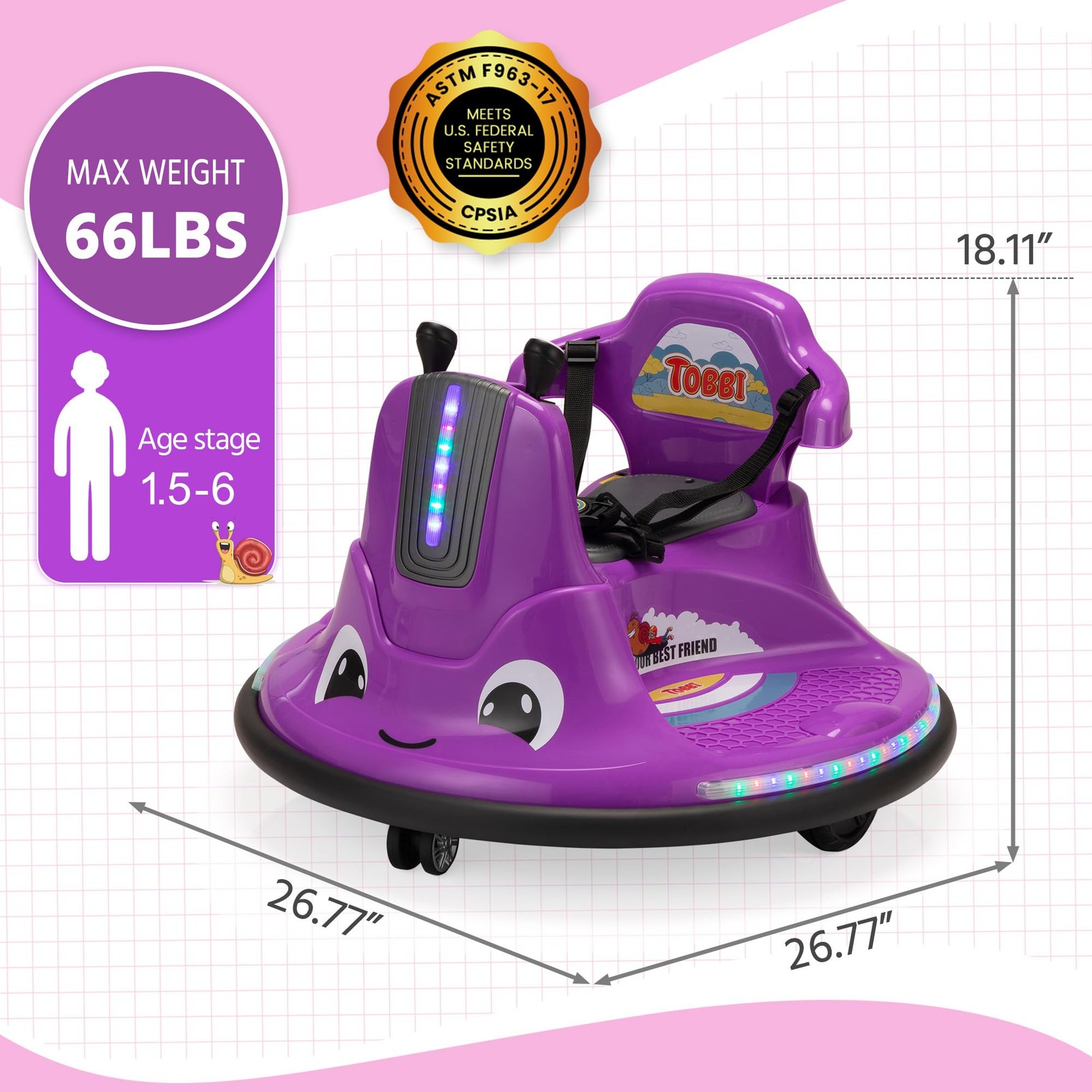 TOBBI Kids Snail Bumper Car, 12V Battery Powered Toddler Large, Dark Purple