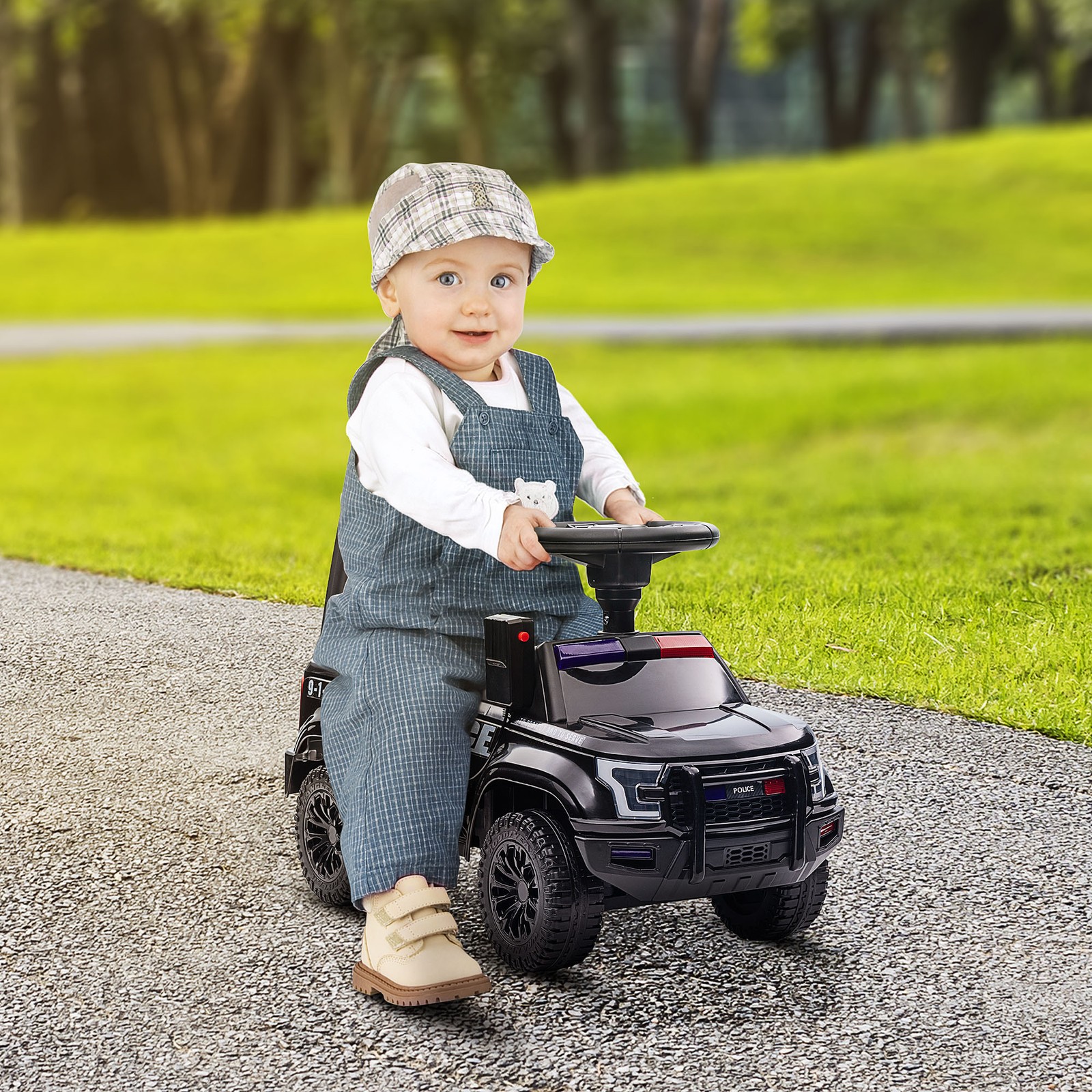 Kids Sliding Car Police Truck Style Ride On W/ Under-Seat Storage Black