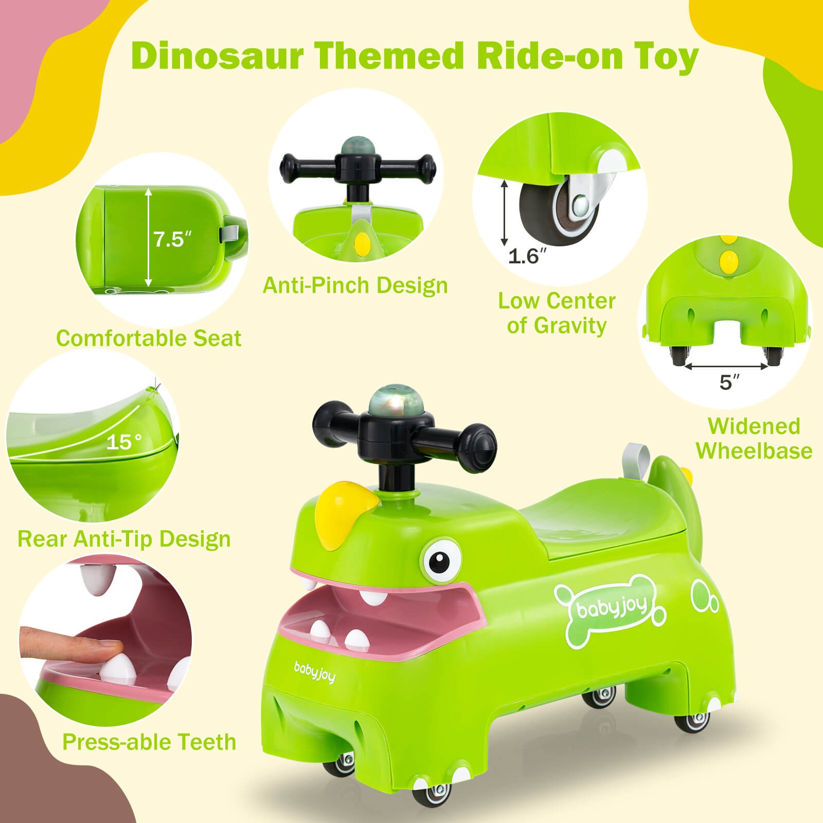 Ride on Toy Baby Dinosaur Sliding Car w/ 4 Universal Casters Under-Seat Storage