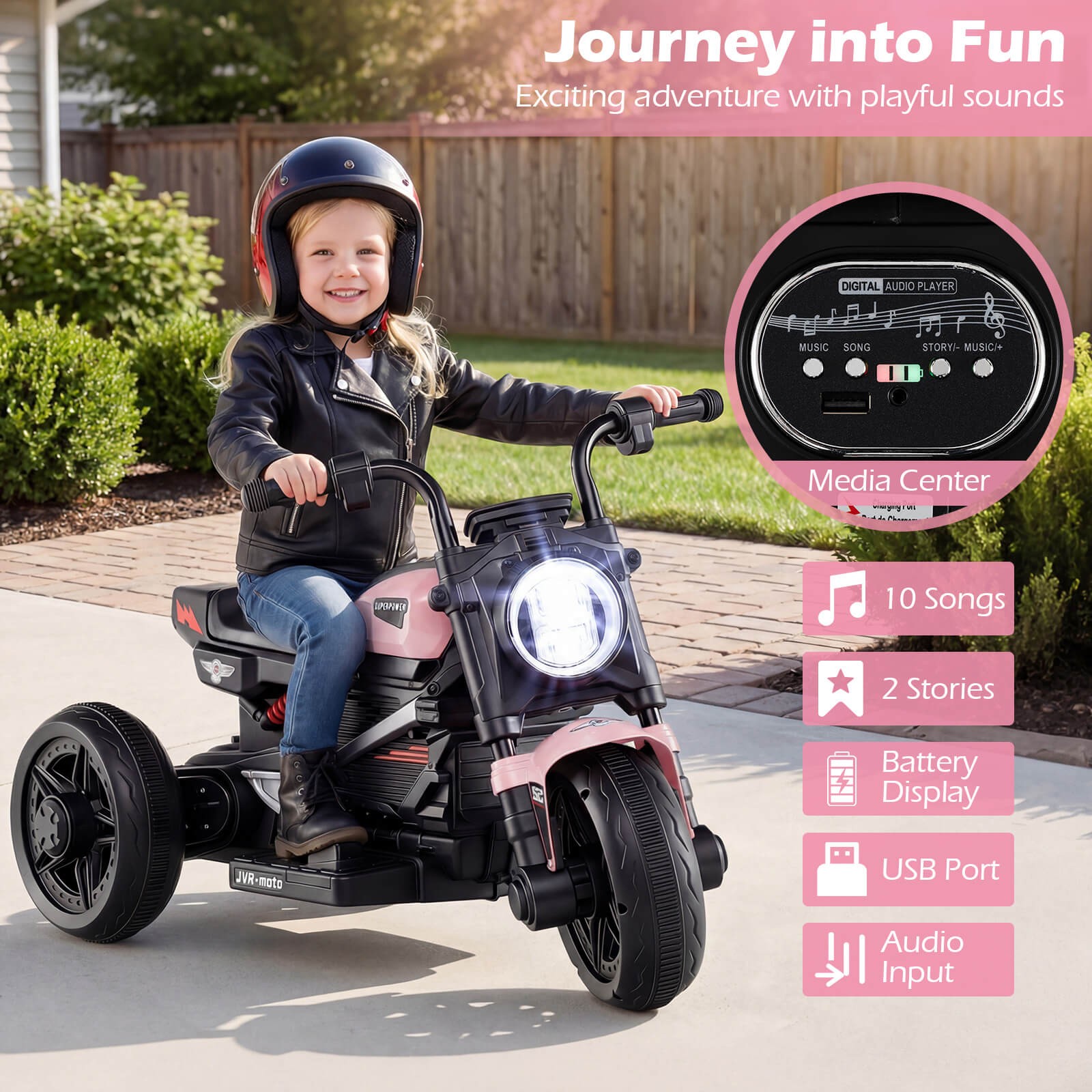 6V Kids Motorcycle w/Song,Story,LED Headlights,Accelerator Pedal & 3 Wheels,Pink