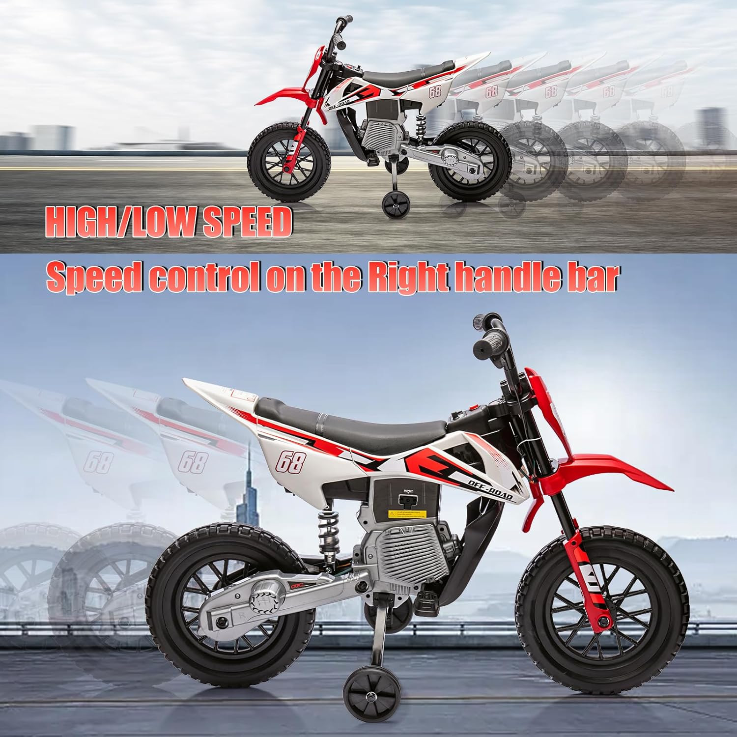 12V Kids Electric Dirt Bike with Training Wheels, Twist Grip Throttle, 3Mph Max