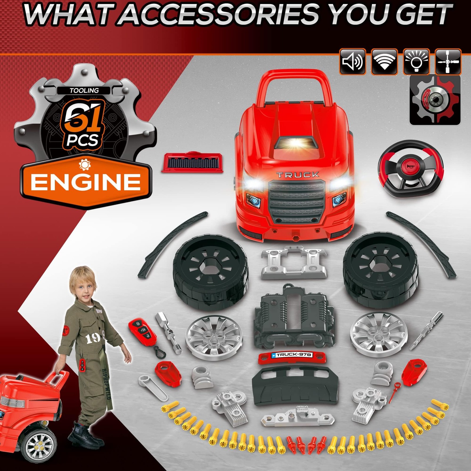 Qaba Truck Engine Toy, Kids Mechanic Set with Lights, Sounds, Steering Wheel …