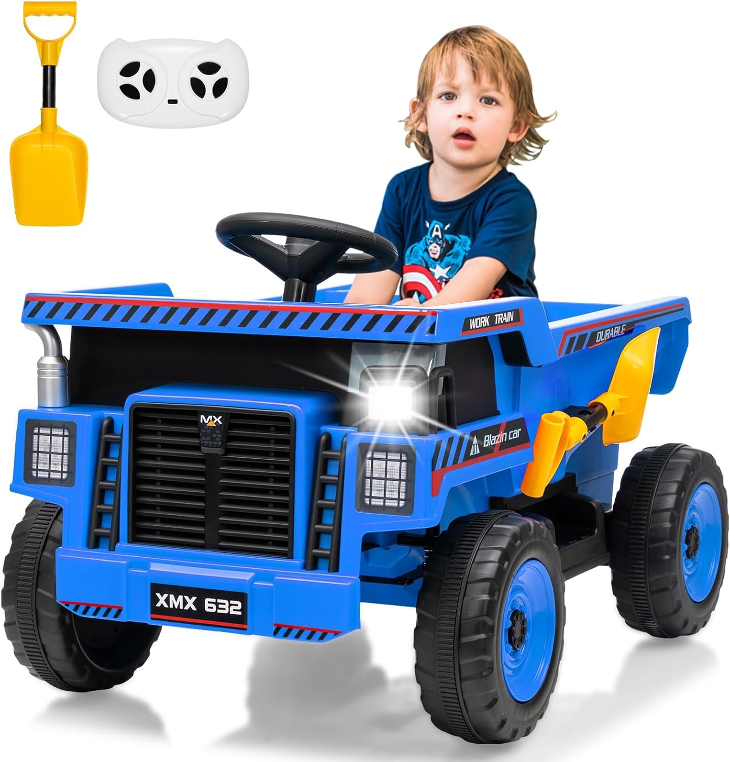 12V Ride On Dump Truck w/ Remote, Auto-Dump Bed, Shovel & Music for Kids 3-8