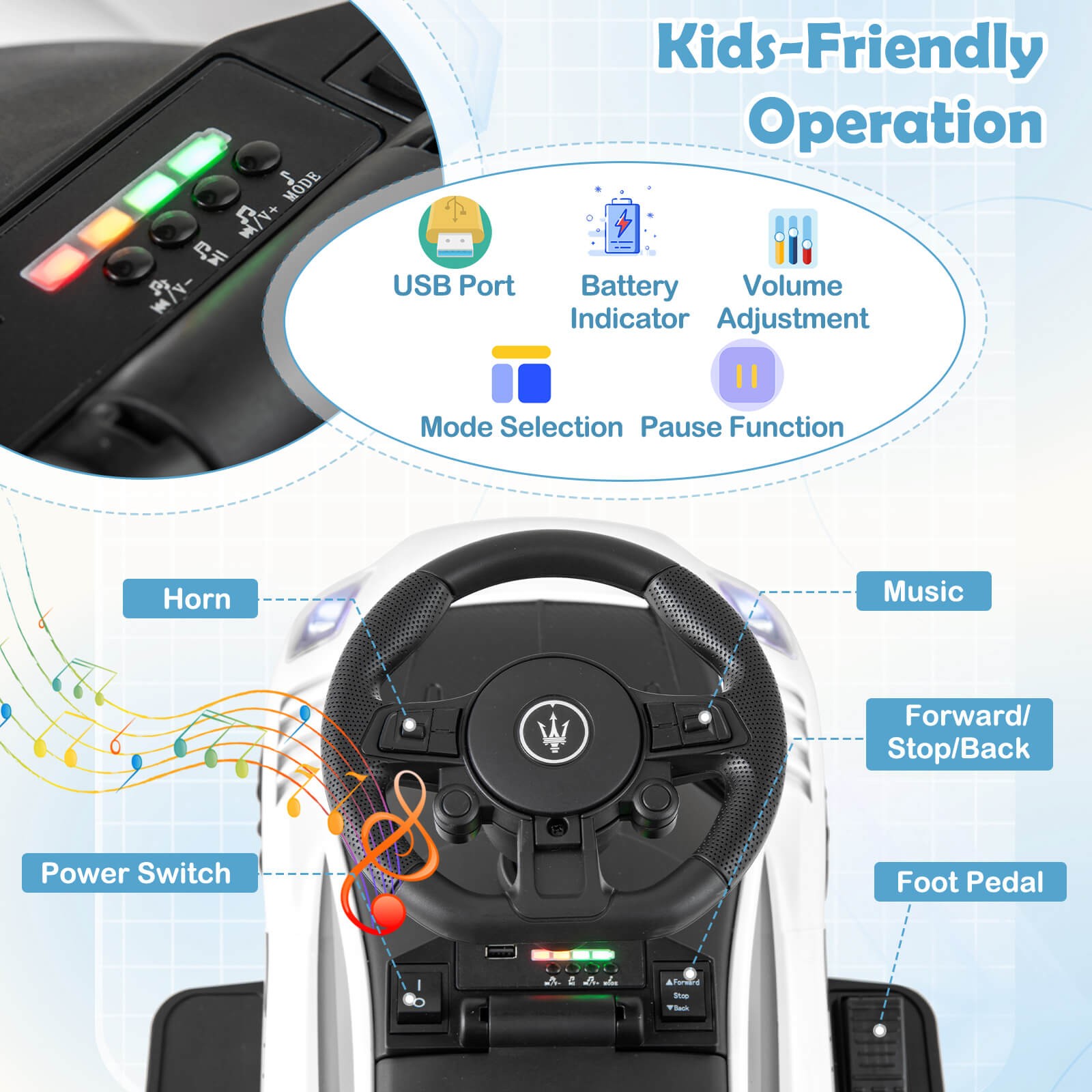 Electric Kids Ride on Push Car Maserati Licensed Foot to Floor Push Car w/Horn