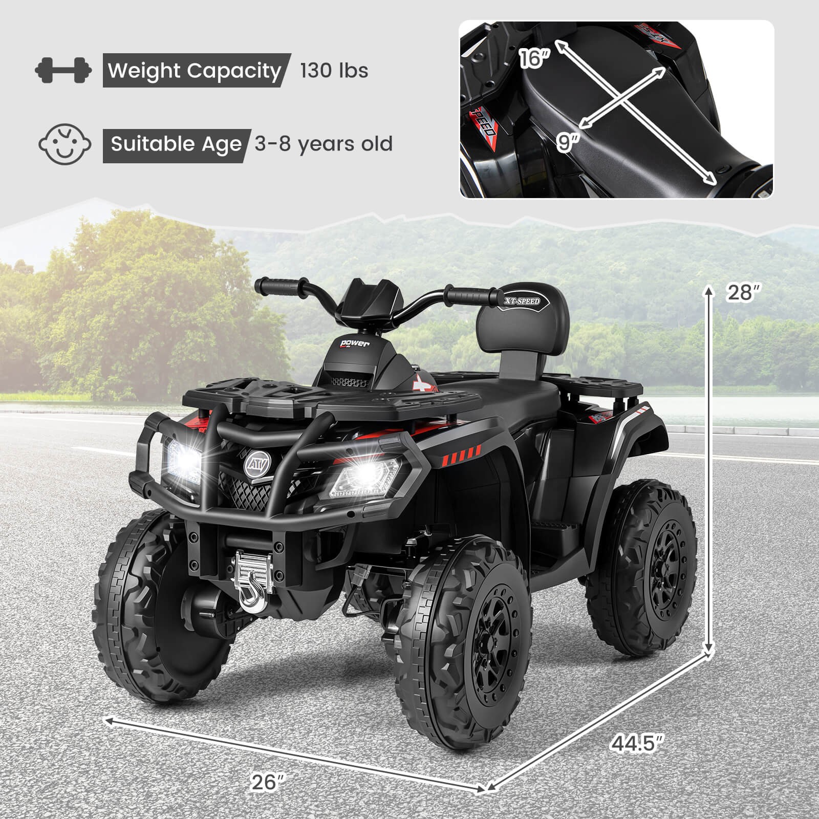 24V 2-Seater 4-Wheeler Quad Electric Vehicle w/ 4 Motors, Soft Start LED Lights