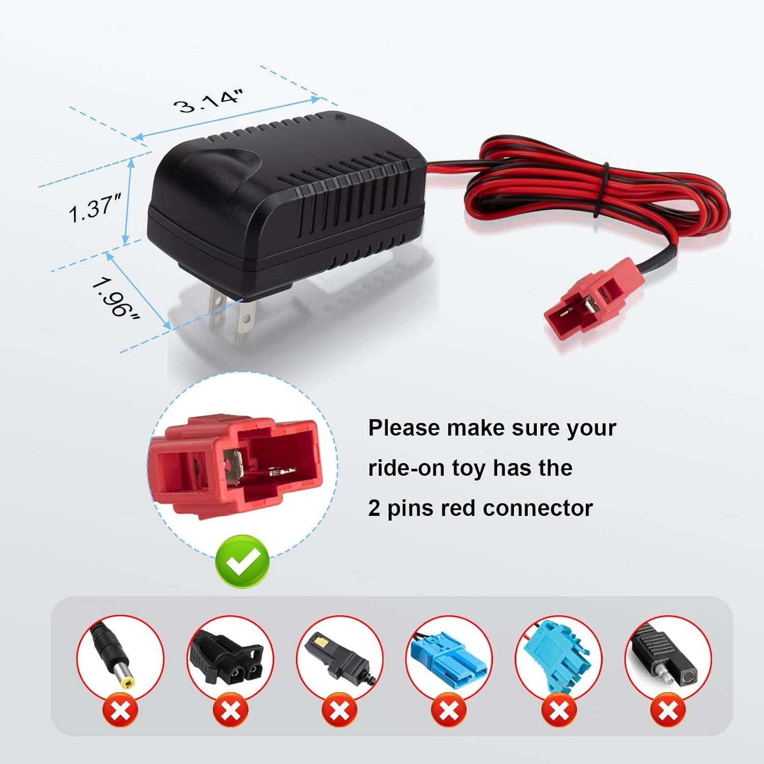 12V Ride-On Toy Battery Charger with Red Square Plug for ATV & Cars