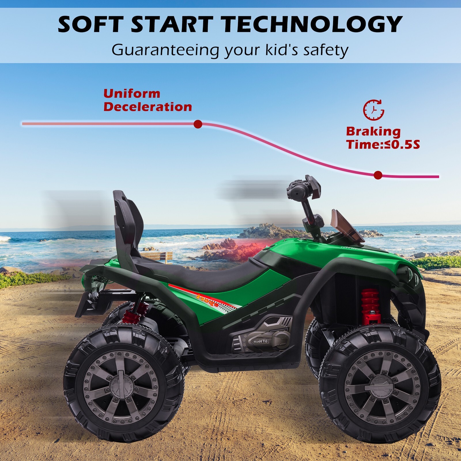 ZEOPHOL 12V Kids Ride-On Electric ATV Off-Road Quad Car Toy 2 Speeds LED Green