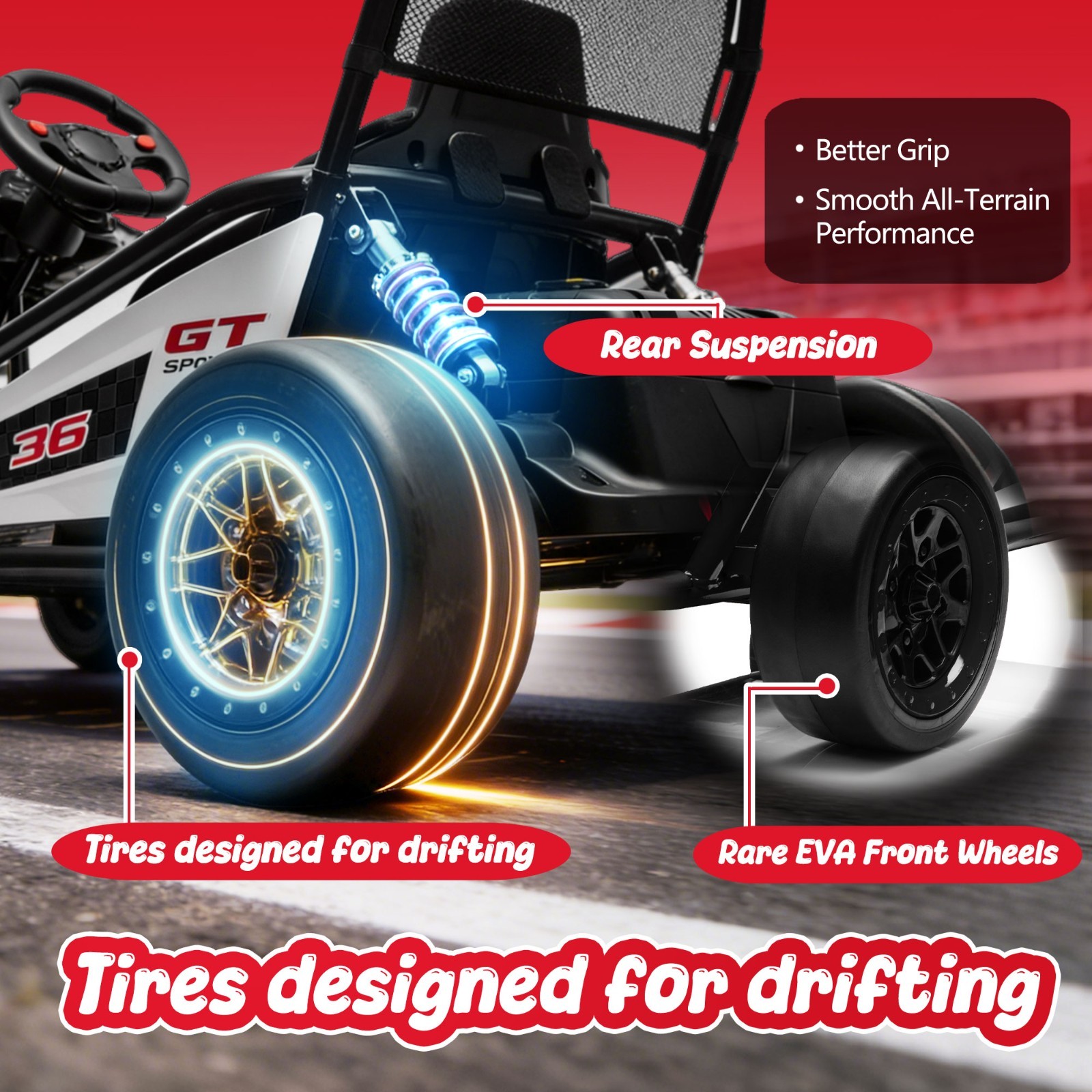 24V Go Kart for Kids Electric Drift Car 5-7.5 MPH with Music 5-Point Safety Belt