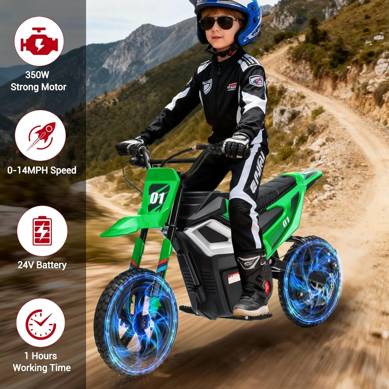 24v Ride on Motorcycle for Kids 350w Mini Dirt Bike 14 MPH Green
