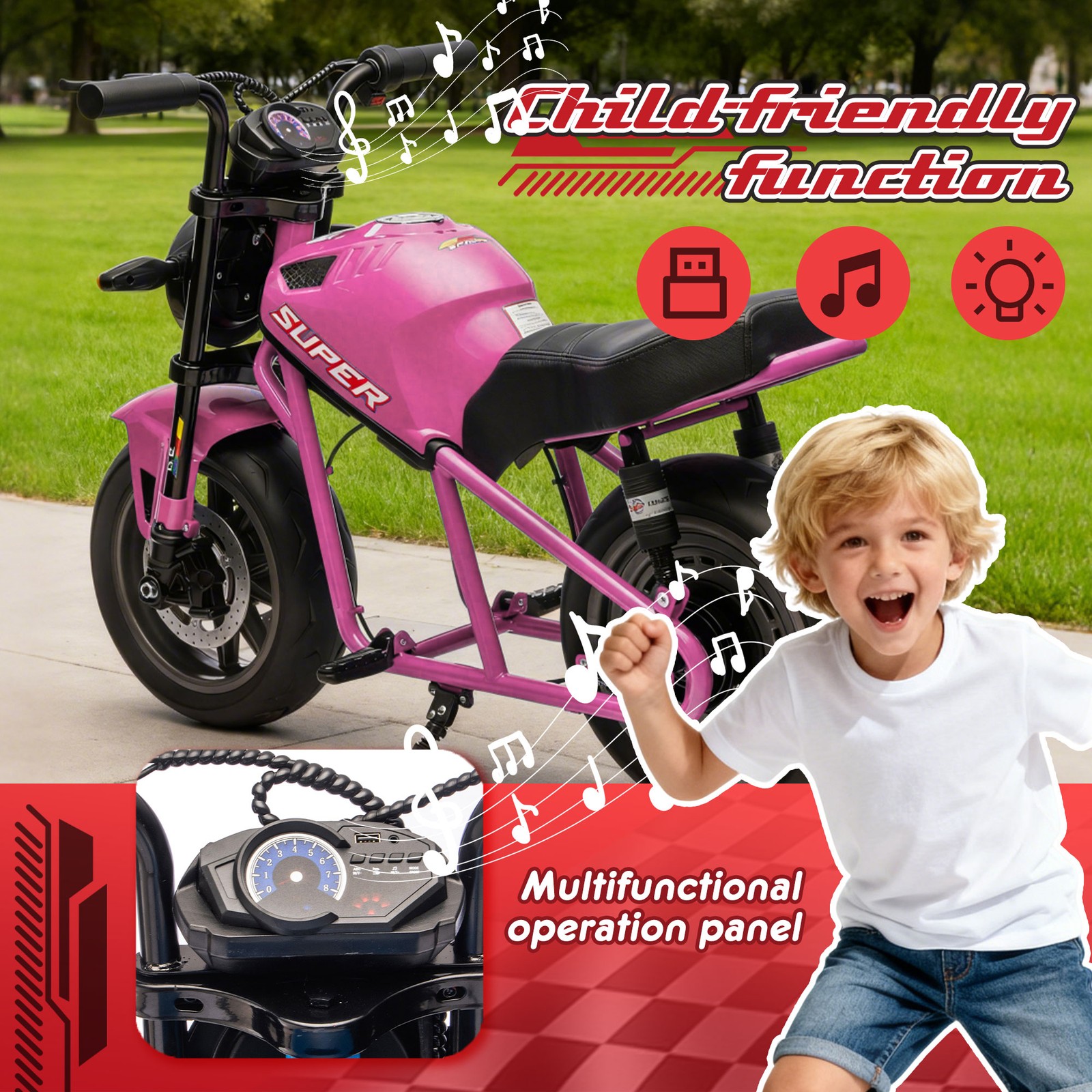 24V 300W Kids Motorcycle, 14″ Fat Wheels, Dual Suspension, Music & Light,6+ Ages