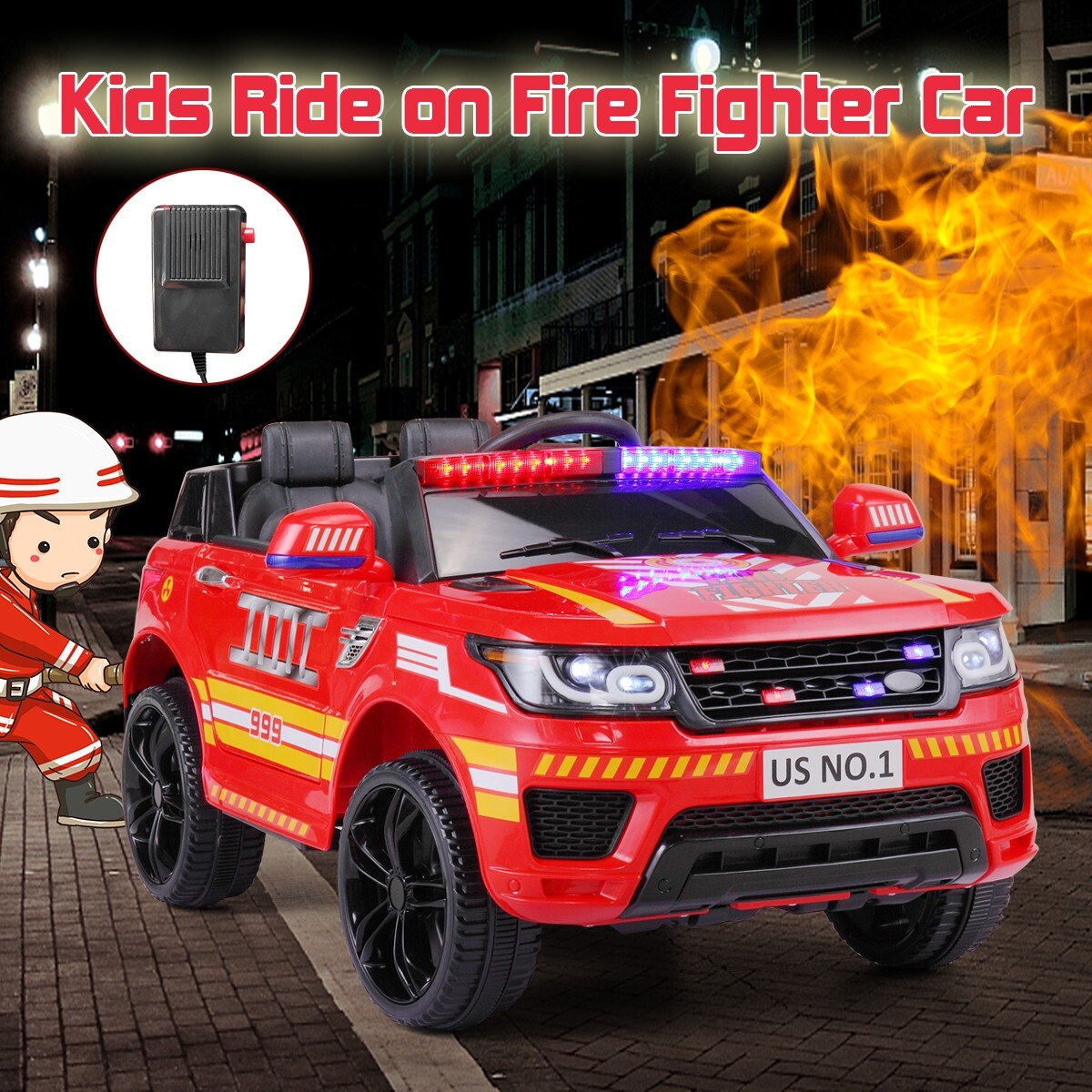 TOBBI 12V Fire Truck Ride on Battery Powered Electric Kids Car w/Remote Control