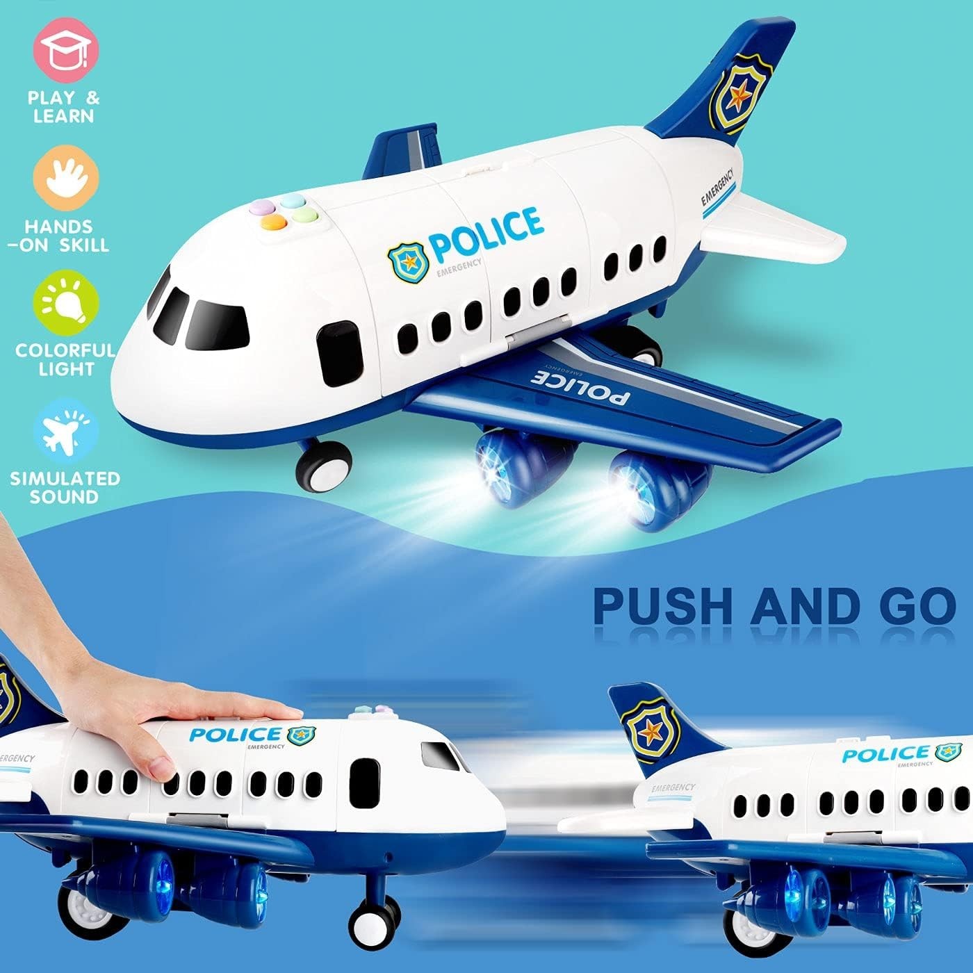 20-Piece Police Toy Airplane – Friction Powered, Metal Cars, Play Mat