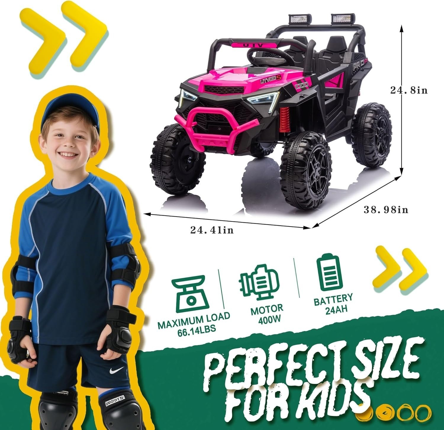 24V Kids Electric Car 400W Ride On Toy UTV with Remote Power Wheels Truck, Pink