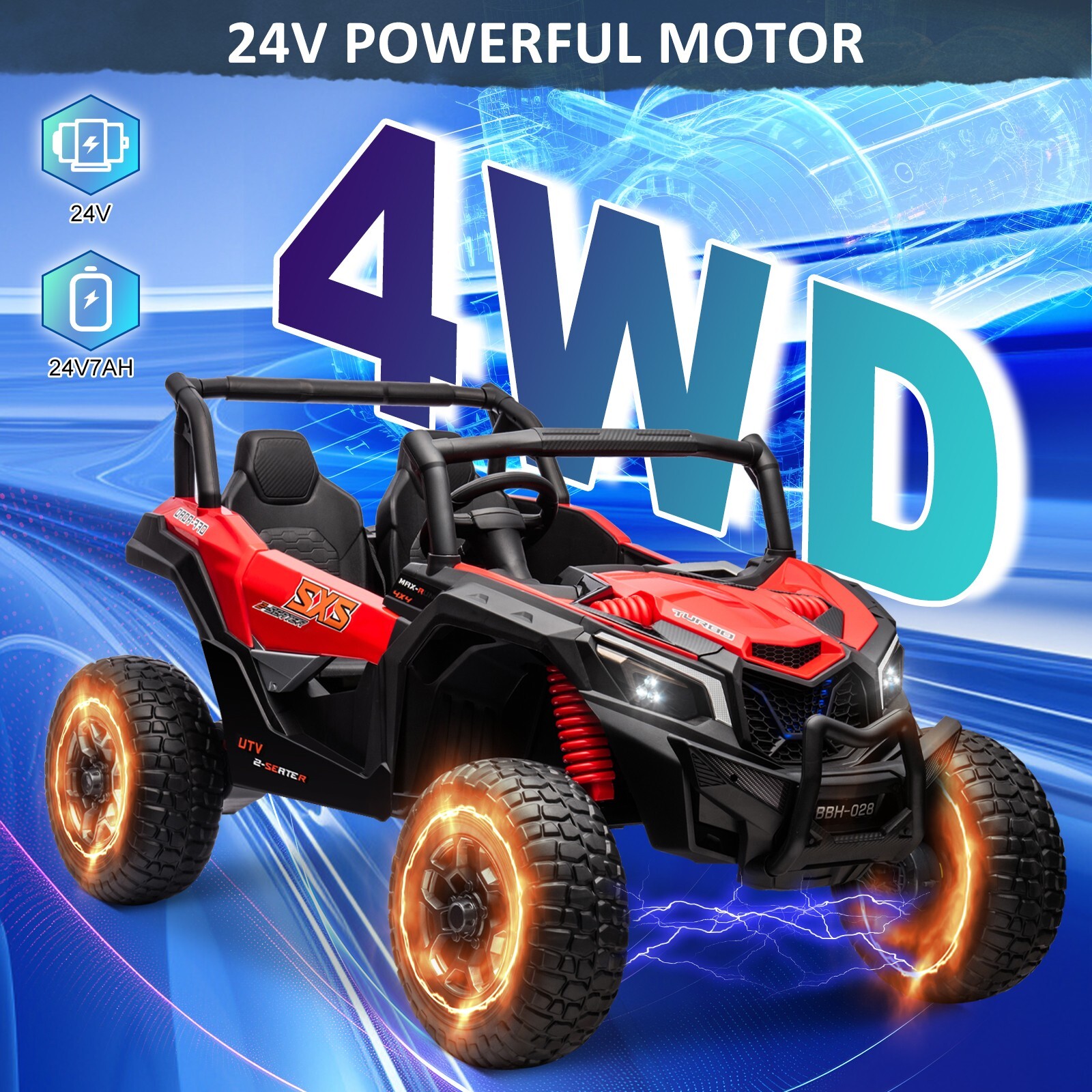 ZEOPHOL 24V Battery Kids Ride On Car UTV Truck 4WD 2-Seater 200W*2+120W*2 Red