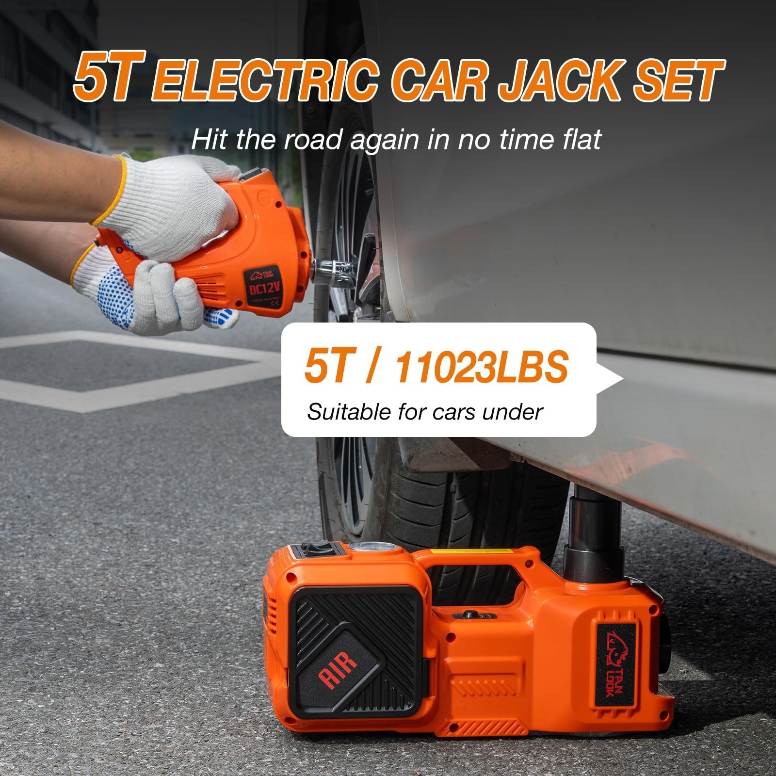 Electric Car Jack Kit with Hydraulic Lift 5-Ton, Tire Inflator & Impact Wrenc…