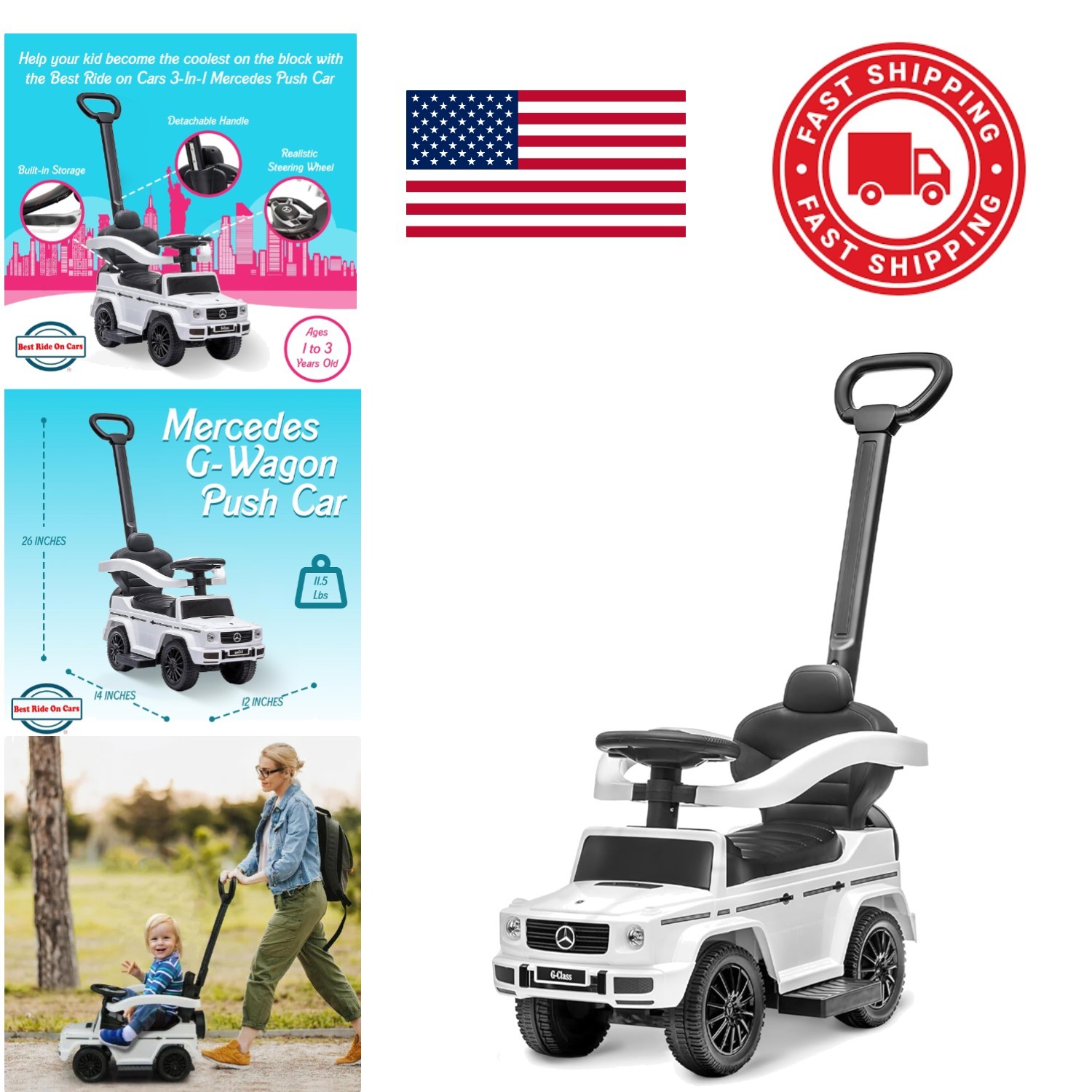 Sturdy Kids Push Car with Backrest Safety Bar for Toddlers 1 to 3