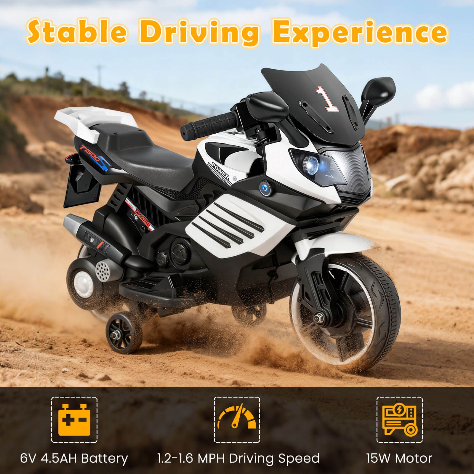 6V Kids Motorcycle w/Music, Horn, Detachable Training Wheels & LED Headlights