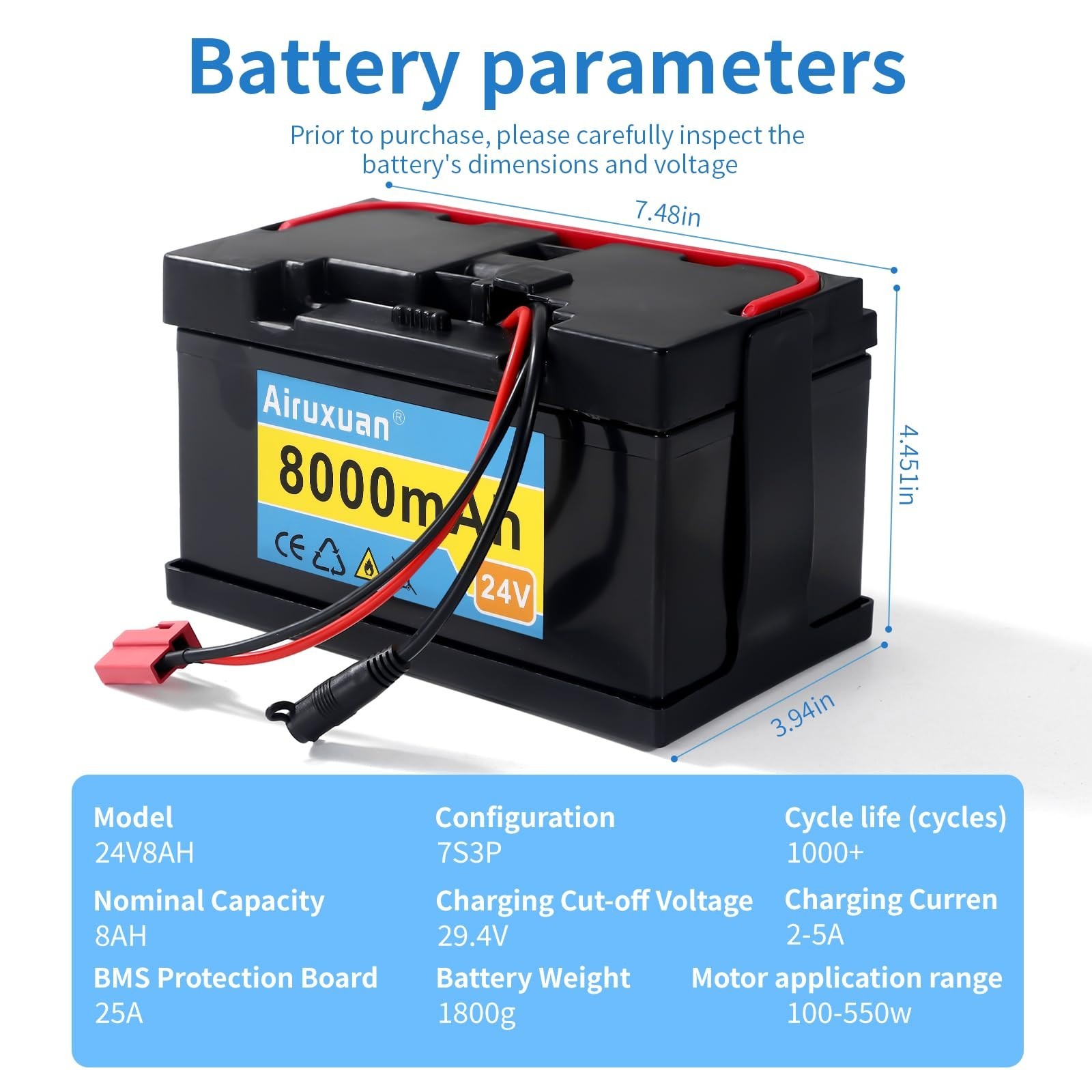 24V 8Ah Lithium Battery for Kids Ride-On Cars, 25A BMS, 2A Charger, Compatible U