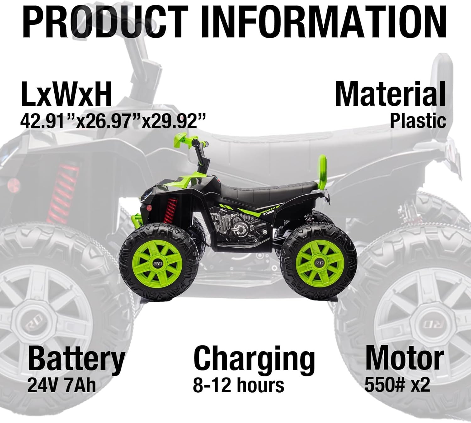 24V Kids Electric ATV 2 Seats,Dual 500W Motors, LED, Music Player, Bluetooth USB