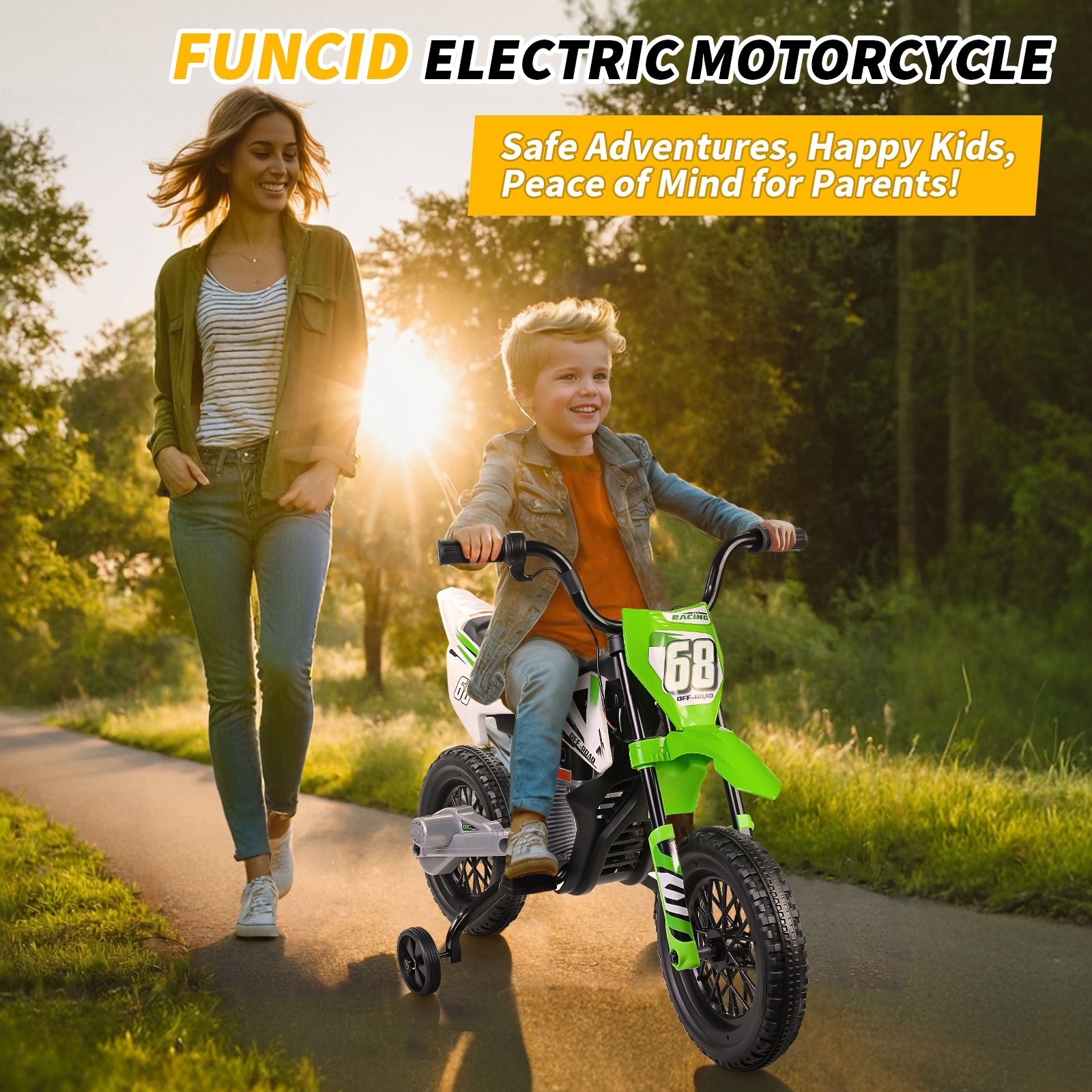 Electric Dirt Bike w/2 Training Wheels, Kids Ride on Motorcycle Holiday Gifts