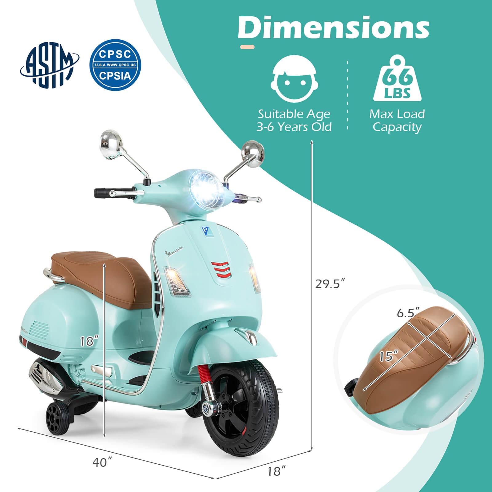 Licensed VESPA 12V Kids Electric Motorcycle w/Music Horn Story Training Wheels