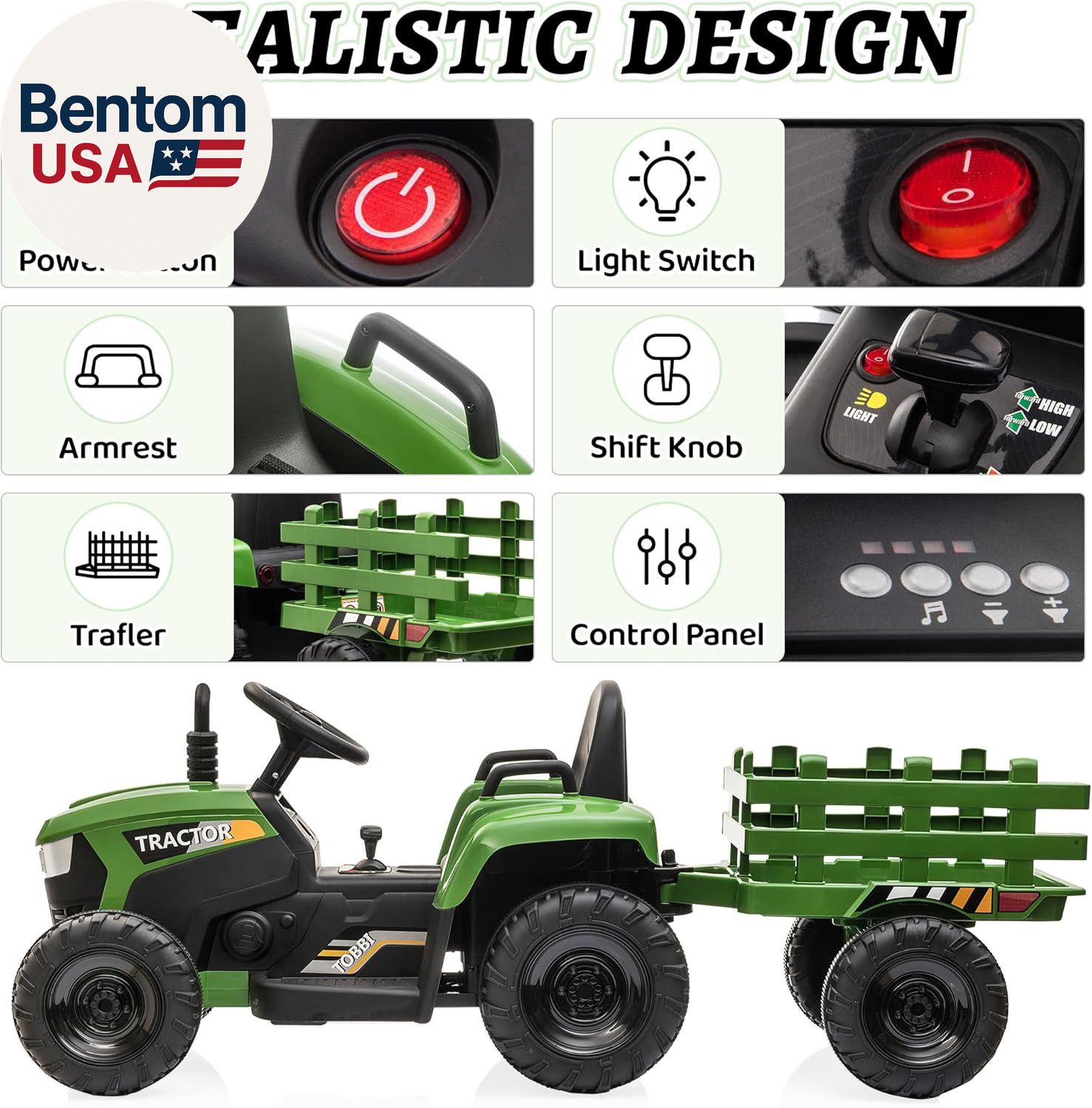 Kids Electric Ride on Toy Tractor, 12V Battery-Powered 4 Wheels Ride on Car with