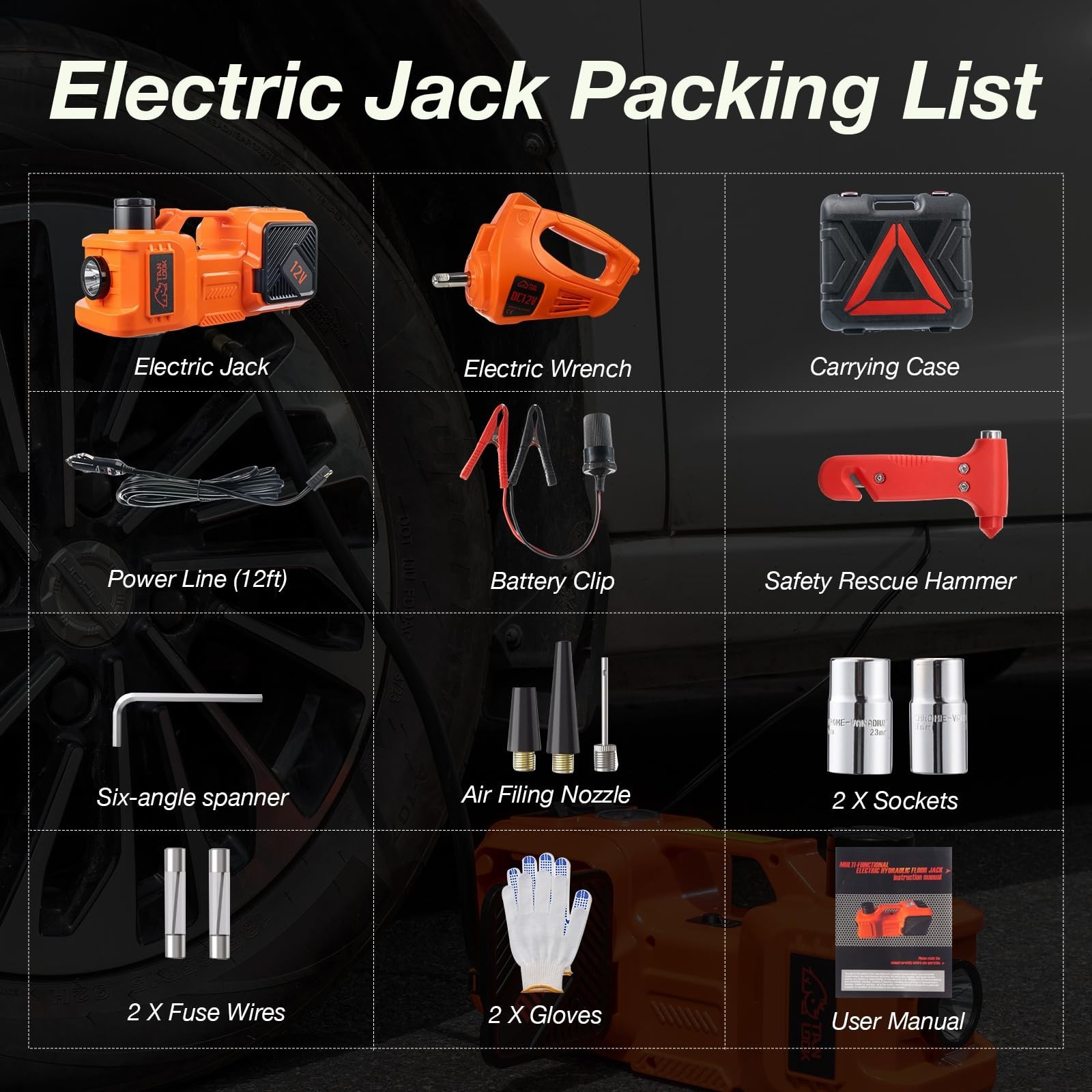 Electric Car Jack Kit with Hydraulic Lift 5-Ton, Tire Inflator & Impact Wrenc…