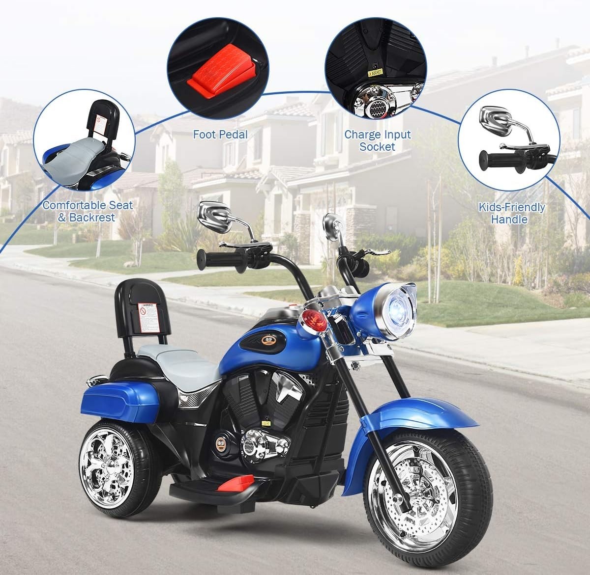 Gift for Boys Girls: 3-Wheel Electric Motorcycle, Blue