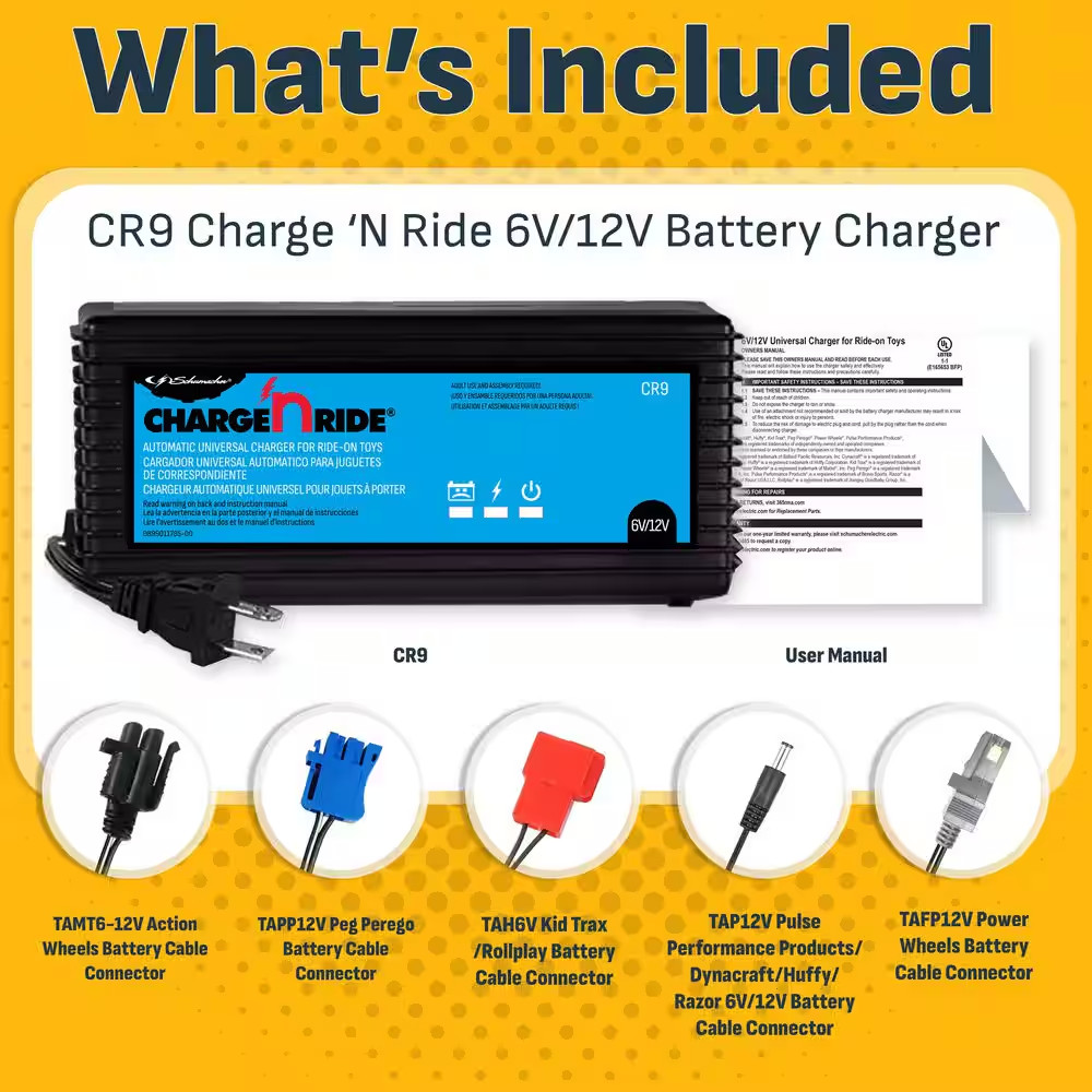 Charge ‘N Ride 3-Amp Battery Charger for Ride on Toys, Includes 5 Connectors, Co