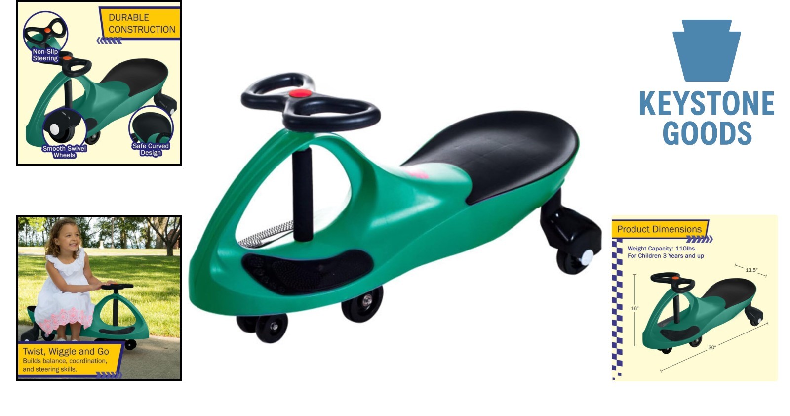 Green Wiggle Car Ride On Toy for Kids 3+ – No Batteries, Gears or Pedals