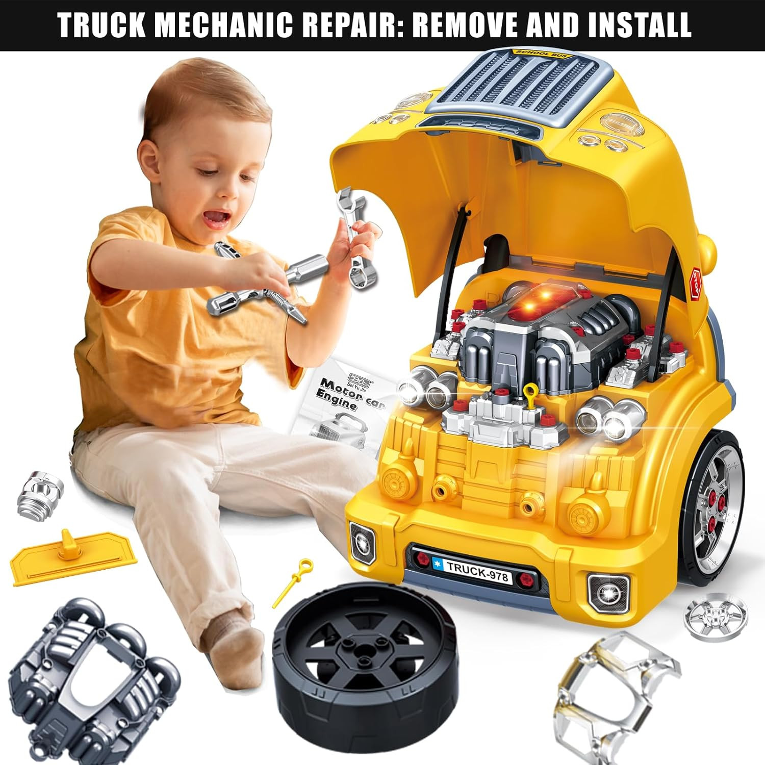 Large Truck Engine Toy for Kids 3-5, Take Apart Motor Vehicle Pretend Play Car w