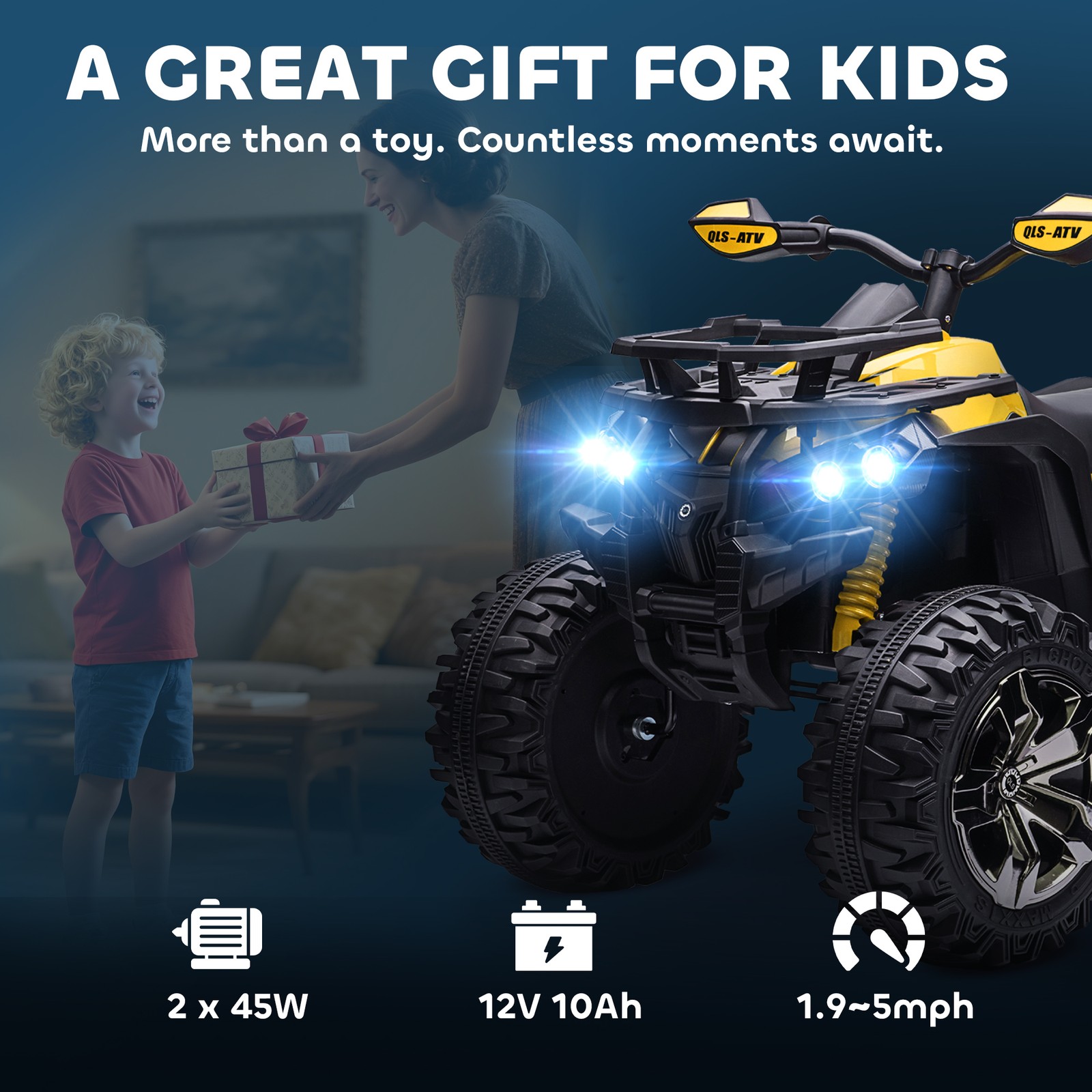 12V Kids ATV Quad Car Toy with Music & Headlights, Yellow