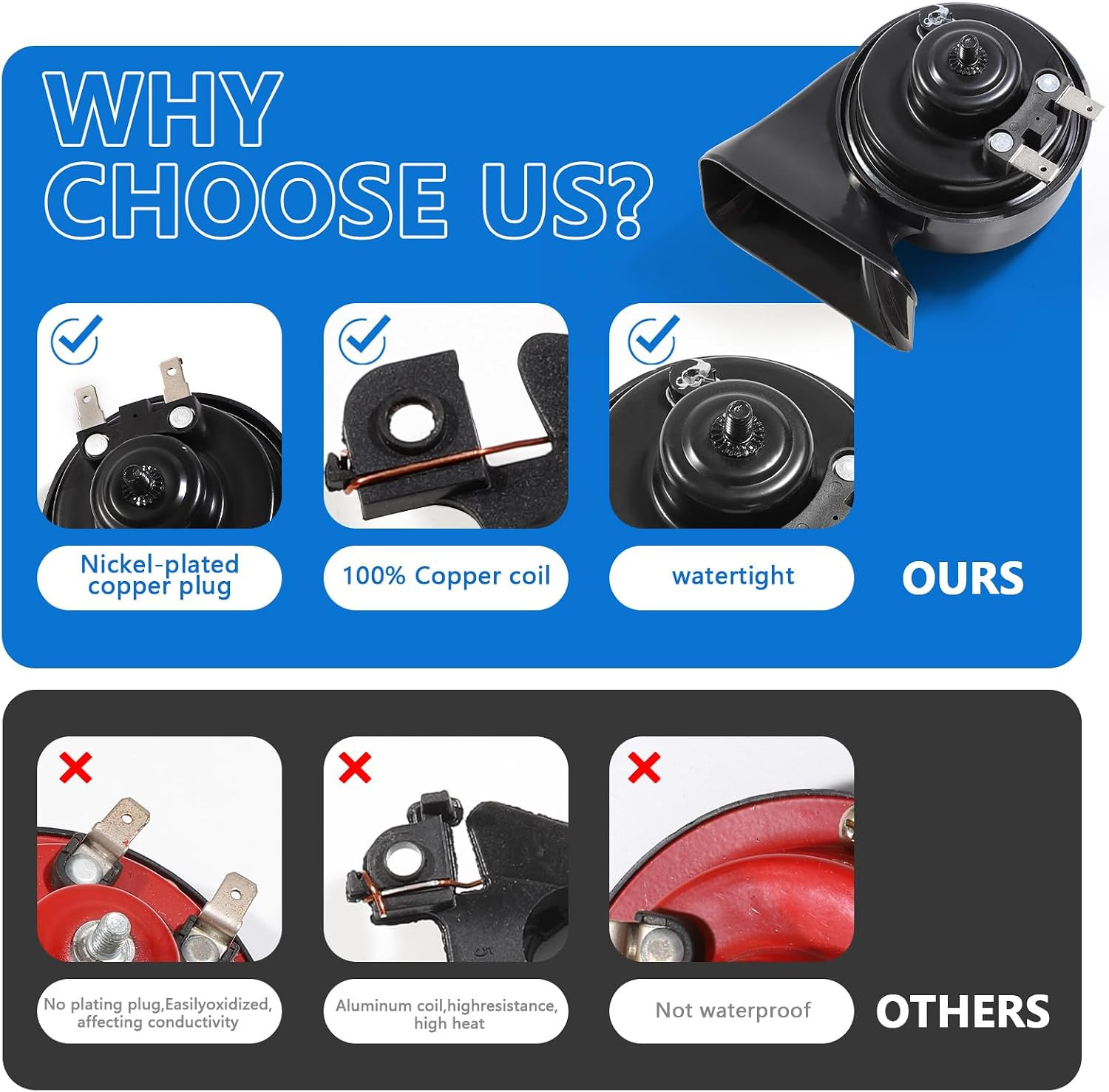 Car Horn，12V Super Loud Electric Waterproof Horn Kit, 2-Piece (1 High-Tone + 1 L
