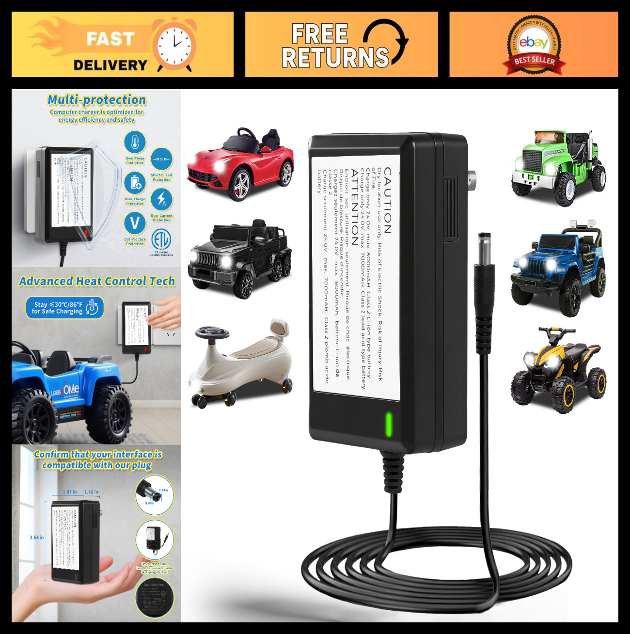 24V Battery Charger for Kids Ride-On Toys, Universal Power Supply, 6ft Cord, ETL