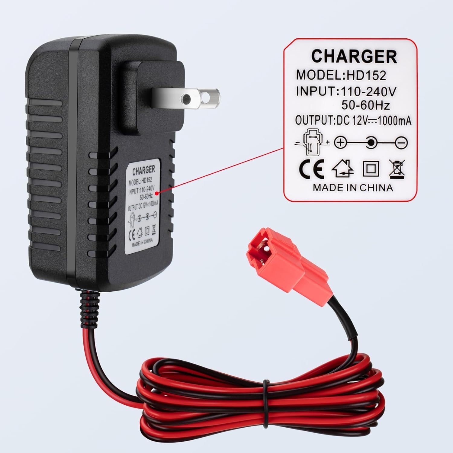 12V Ride-On Toy Battery Charger with Red Square Plug for ATV & Cars