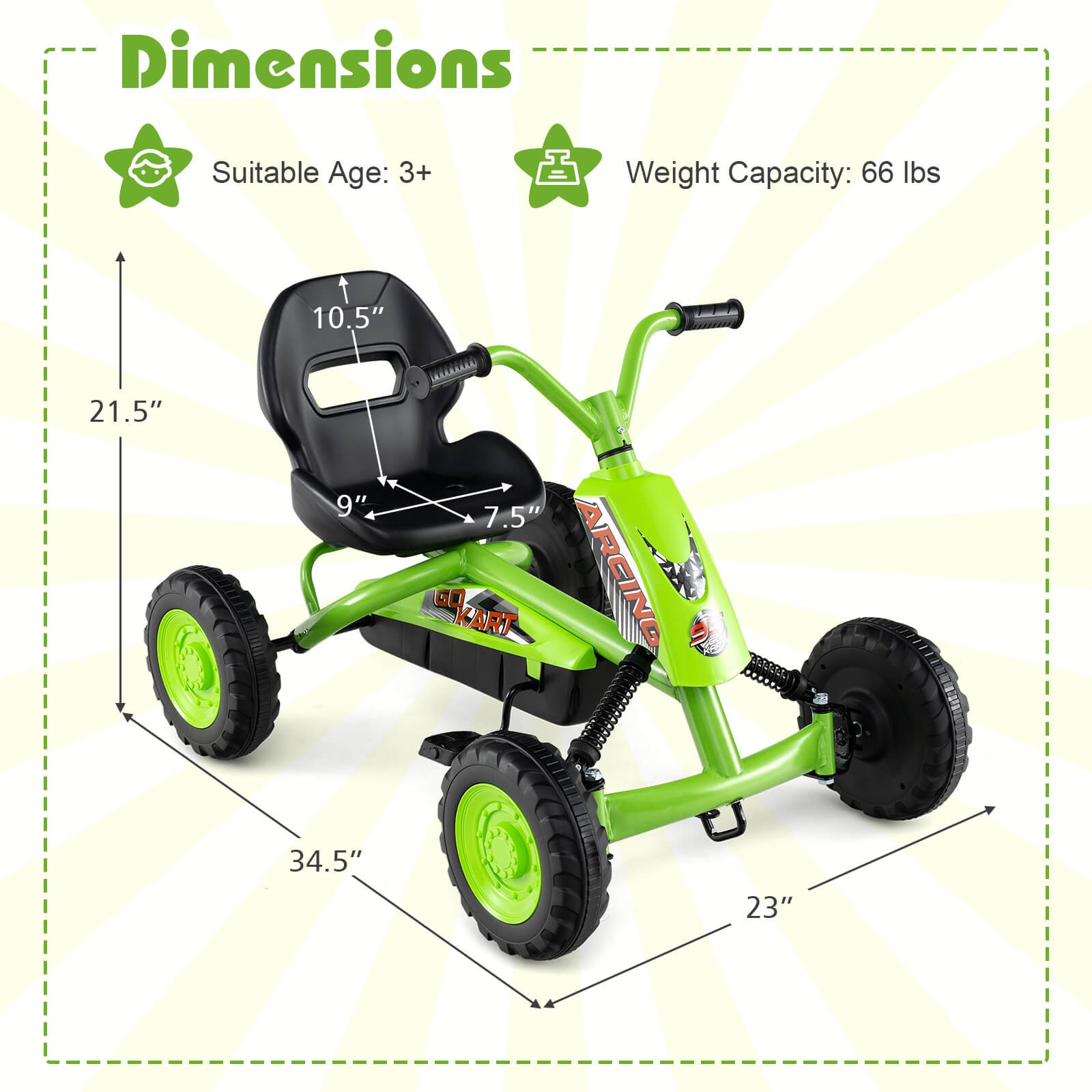 Go Kart for Kids 4 Wheel Toddler Ride On Pedal Car w/ Steering Handlebars