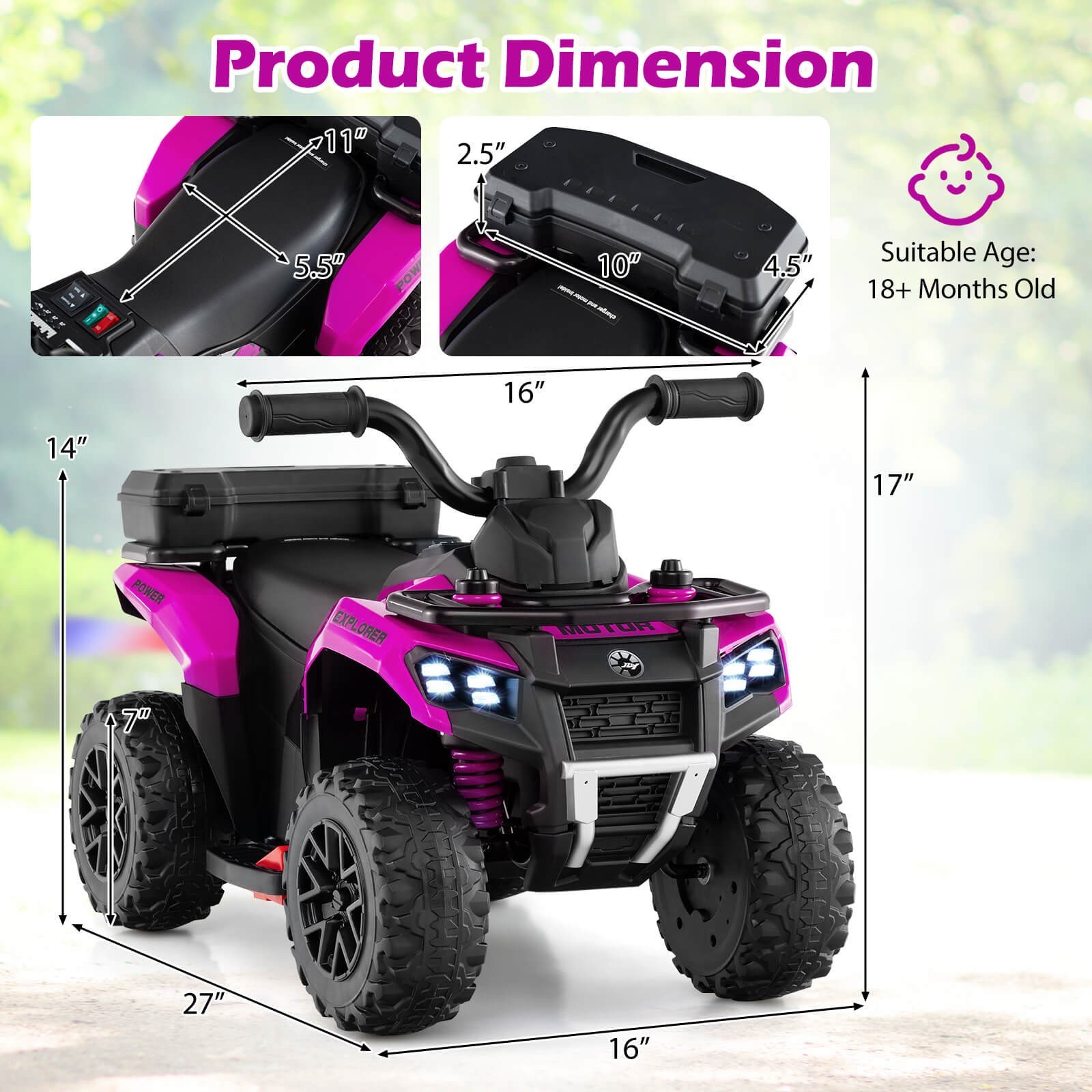 6V Kids Ride On ATV w/ Music & Spray Function USB Port Storage Box Toy Car