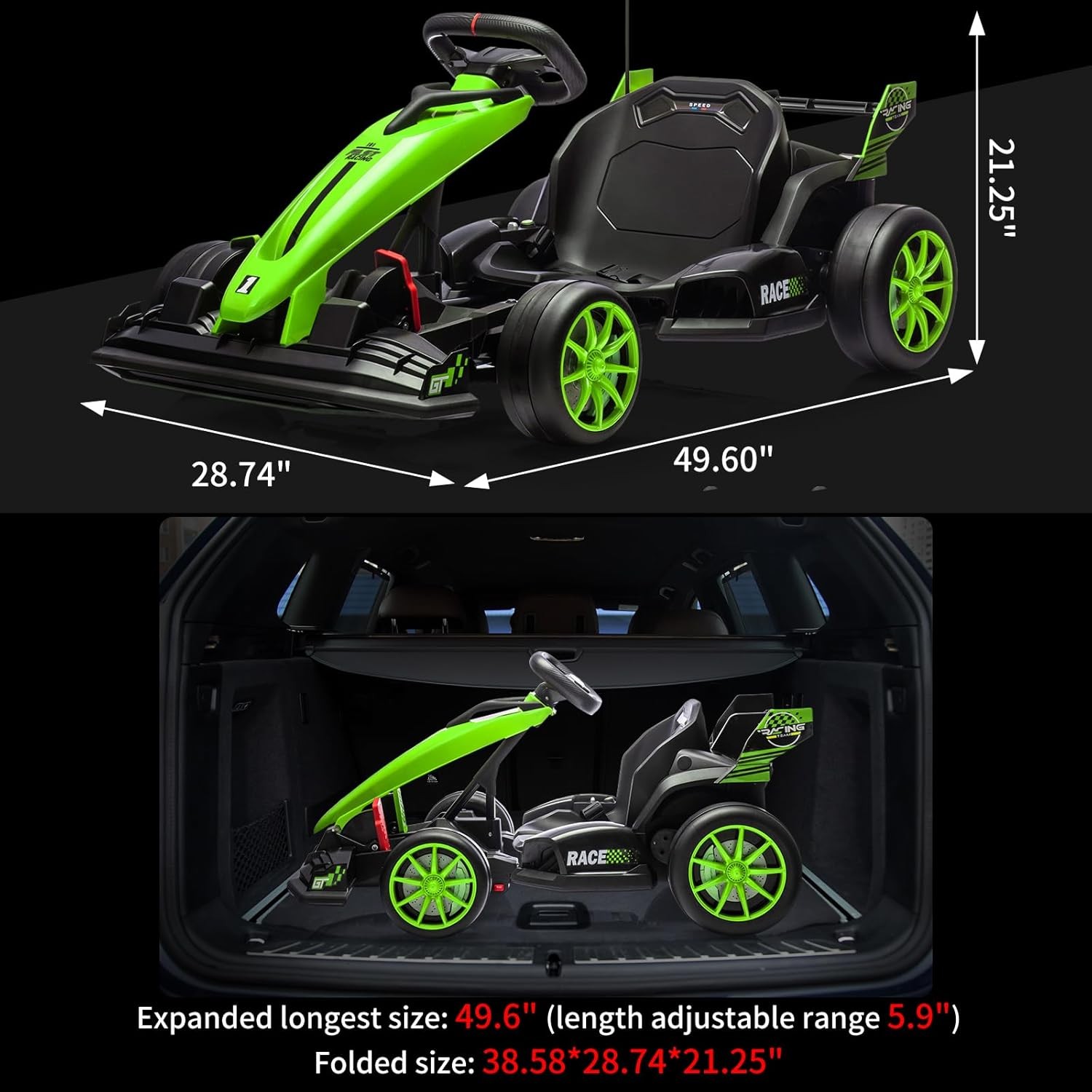 24V Drift Cart for Kids, Dual Motors, Electronic Brake, Adjustable Seat,Foldable
